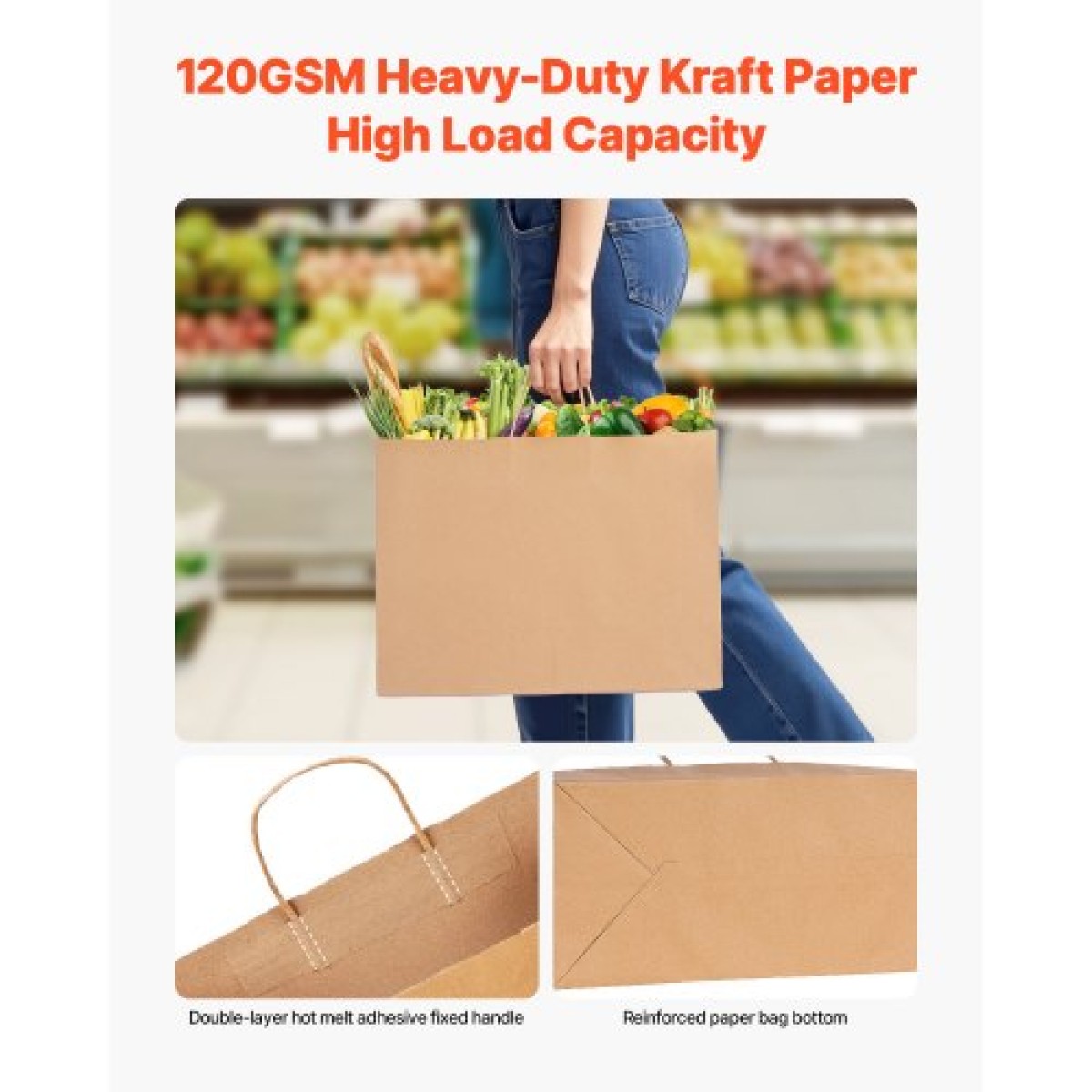 Χάρτινες τσάντες VEVOR Kraft με χερούλια, 50 τεμ. 16 x 6 x 12 ίντσες, Μεγάλες χάρτινες τσάντες παντοπωλείου, επαναχρησιμοποιήσιμες & ανακυκλωμένες καφέ σακούλες, Απλή τσάντα για πάρτι μαζικά για γενέθλια, γάμους, επαγγελματικούς λόγους, Goody, χειροτε