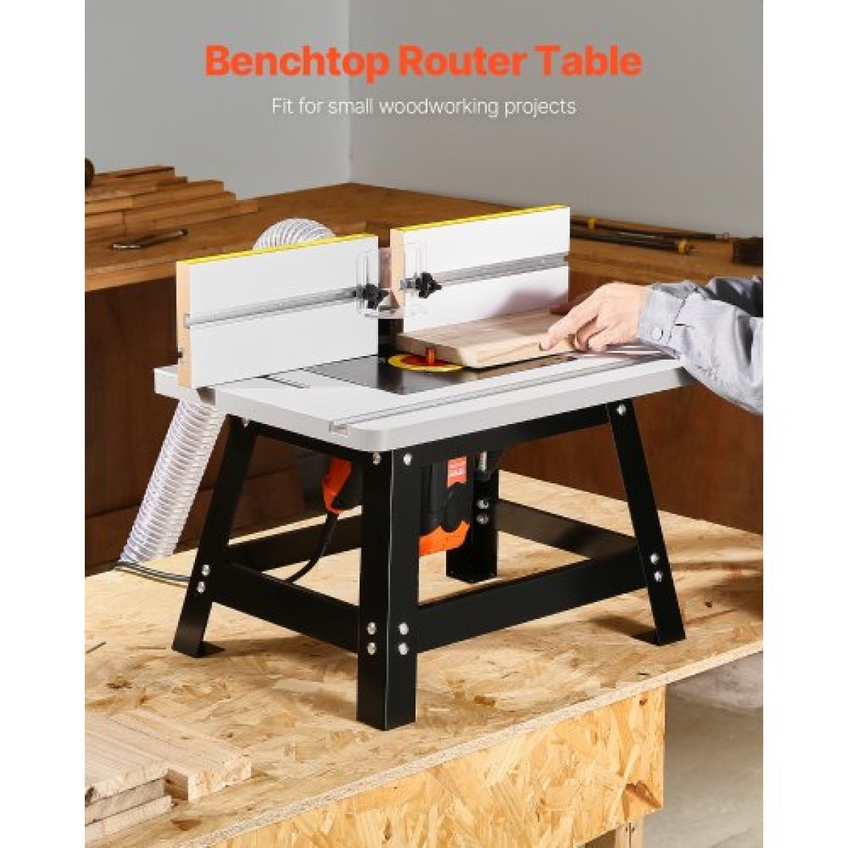 Τραπέζι δρομολογητή πάγκου VEVOR, 610 x 400 mm / 24 in x 15,7 in, Τραπέζι δρομολόγησης πάγκου με ρυθμιζόμενο φράχτη, επάνω μέρος MDF, στιβαρή μεταλλική βάση, 2-1/2 στη θύρα συλλογής σκόνης, συμβατό με διαδρομές και διάφορα τρυπάνια