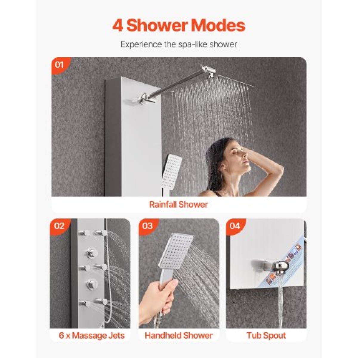 Σύστημα πύργου πάνελ ντους VEVOR με κεφαλή ντους βροχής, LED, 49 σε στήλη ντους από ανοξείδωτο χάλυβα, βρύση 4 λειτουργιών, σύστημα μασάζ βροχής στον τοίχο με 6 πίδακες σώματος, φορητό και στόμιο μπανιέρας