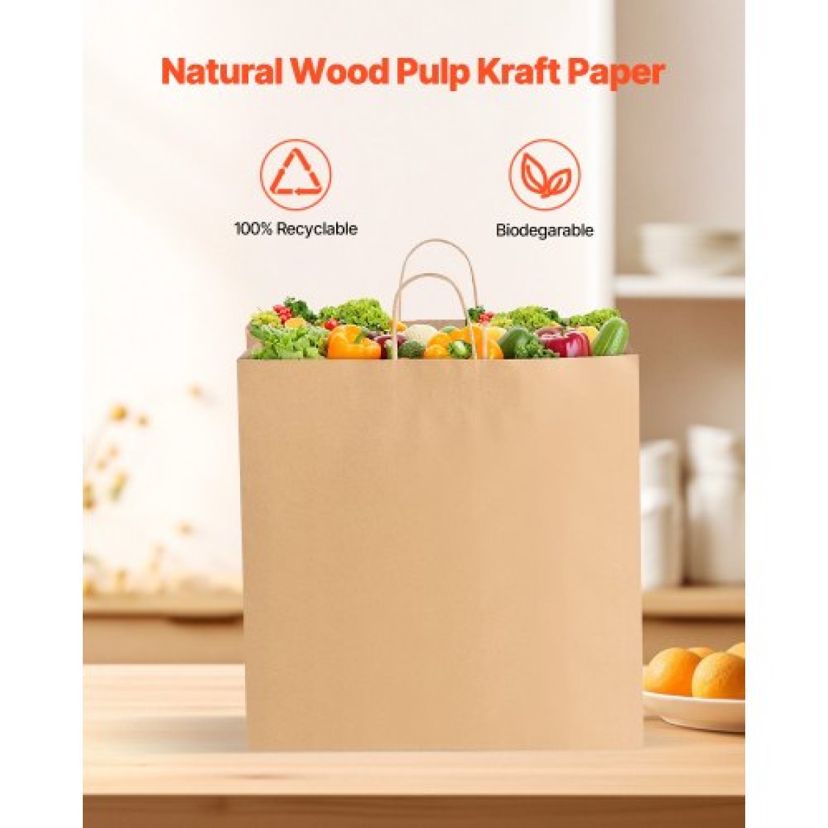 Χάρτινες τσάντες VEVOR Kraft με χερούλια, 100 τεμ. 18 x 7 x 19 ίντσες, Μεγάλες χάρτινες τσάντες παντοπωλείου, επαναχρησιμοποιήσιμες & 100% ανακυκλωμένες τσάντες για πάρτι, Απλή τσάντα για πάρτι μαζικά για γενέθλια, γάμους, επαγγελματικά, Goody, καφέ