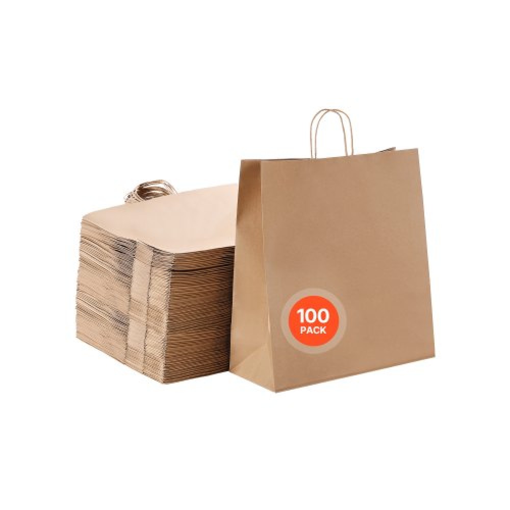Χάρτινες τσάντες VEVOR Kraft με χερούλια, 100 τεμ. 18 x 7 x 19 ίντσες, Μεγάλες χάρτινες τσάντες παντοπωλείου, επαναχρησιμοποιήσιμες & 100% ανακυκλωμένες τσάντες για πάρτι, Απλή τσάντα για πάρτι μαζικά για γενέθλια, γάμους, επαγγελματικά, Goody, καφέ