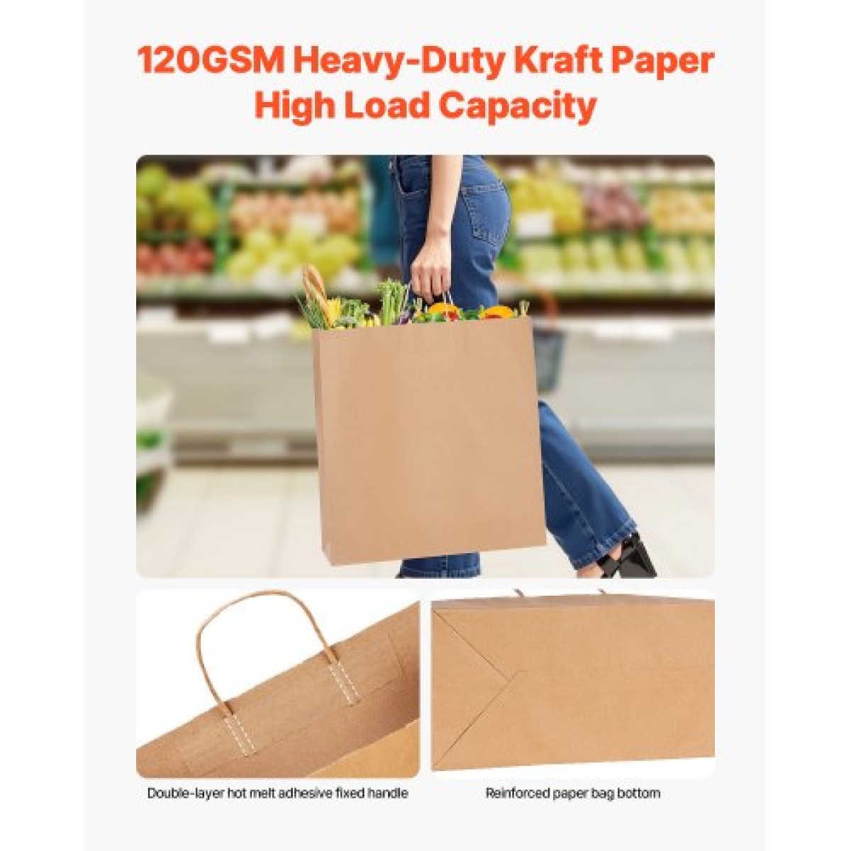 Χάρτινες τσάντες VEVOR Kraft με χερούλια, 100 τεμ. 18 x 7 x 19 ίντσες, Μεγάλες χάρτινες τσάντες παντοπωλείου, επαναχρησιμοποιήσιμες & 100% ανακυκλωμένες τσάντες για πάρτι, Απλή τσάντα για πάρτι μαζικά για γενέθλια, γάμους, επαγγελματικά, Goody, καφέ