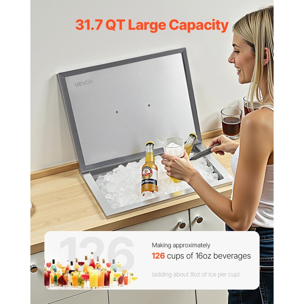 VEVOR Drop in Ice Chest, 20"L x 14"W x 12"H (508 x 355 x 306 mm) Σταγόνα από ανοξείδωτο ατσάλι σε ψυγείο, 30L Εμπορικός κάδος πάγου με καπάκι κατσαρόλας για εξωτερικό χώρο, περιλαμβάνεται σετ σωλήνα αποστράγγισης, για κρύα μπύρα κρασιού