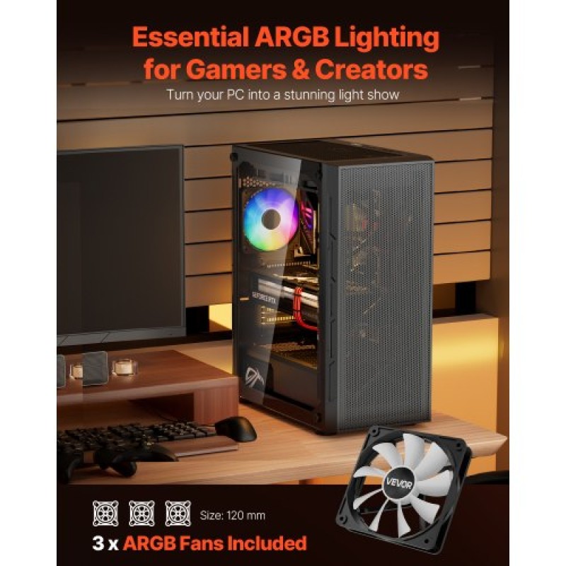 Θήκη VEVOR PC Gaming, Mid-Tower, Θήκη υπολογιστή με σκληρυμένο γυαλί υψηλής ροής αέρα, φίλτρο σκόνης, 3 x 120 mm ανεμιστήρες ARGB, εύκολη διαχείριση καλωδίων, για GPU μήκους έως 320 mm, για ATX / M-ATX / ITX