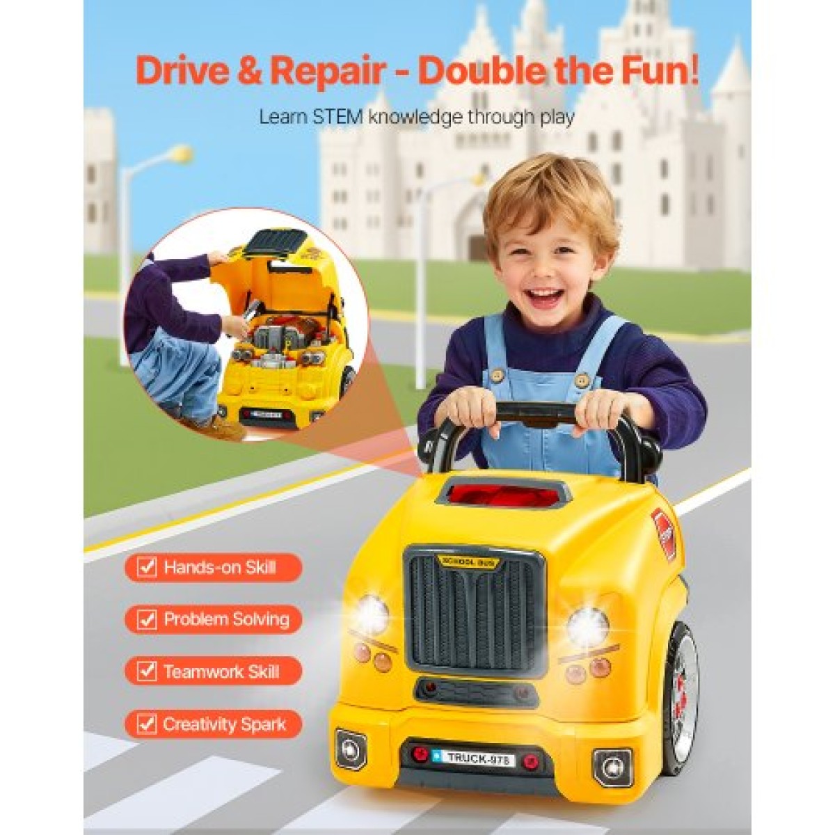 VEVOR Engine Toy, 60 τεμαχίων, Παιδικό σετ επισκευής μηχανικού αυτοκινήτου με αφαιρούμενα ανταλλακτικά, φώτα και ήχους, τιμόνι και κόρνα, σετ εργαστηρίου Παιδικό μηχανικό για νήπια 3 ετών και άνω, κίτρινο