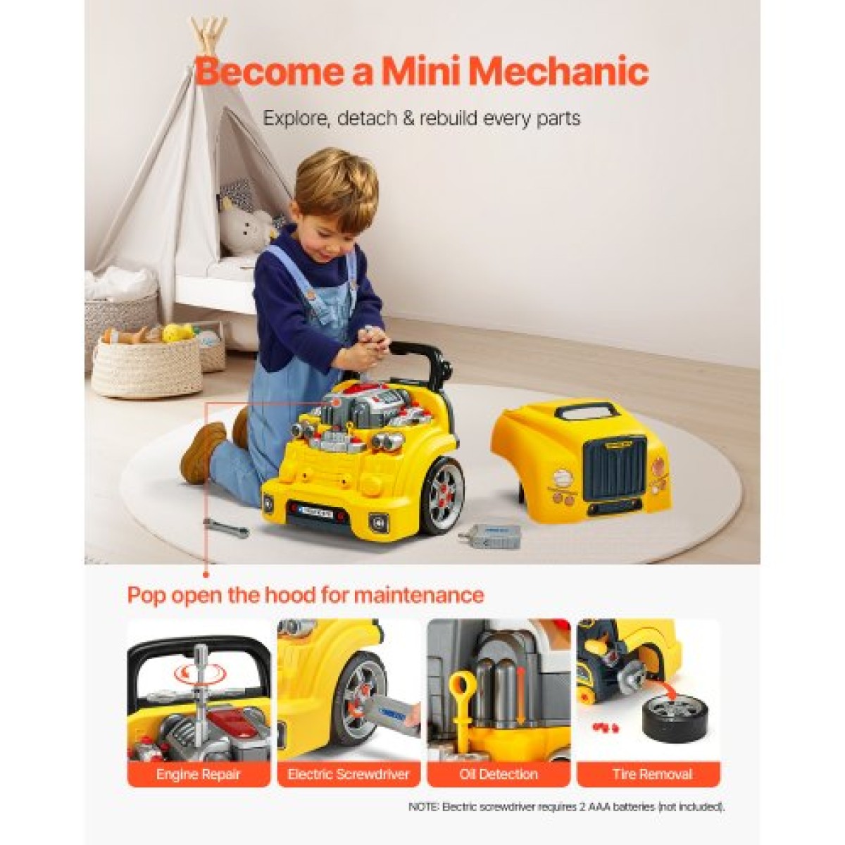 VEVOR Engine Toy, 60 τεμαχίων, Παιδικό σετ επισκευής μηχανικού αυτοκινήτου με αφαιρούμενα ανταλλακτικά, φώτα και ήχους, τιμόνι και κόρνα, σετ εργαστηρίου Παιδικό μηχανικό για νήπια 3 ετών και άνω, κίτρινο
