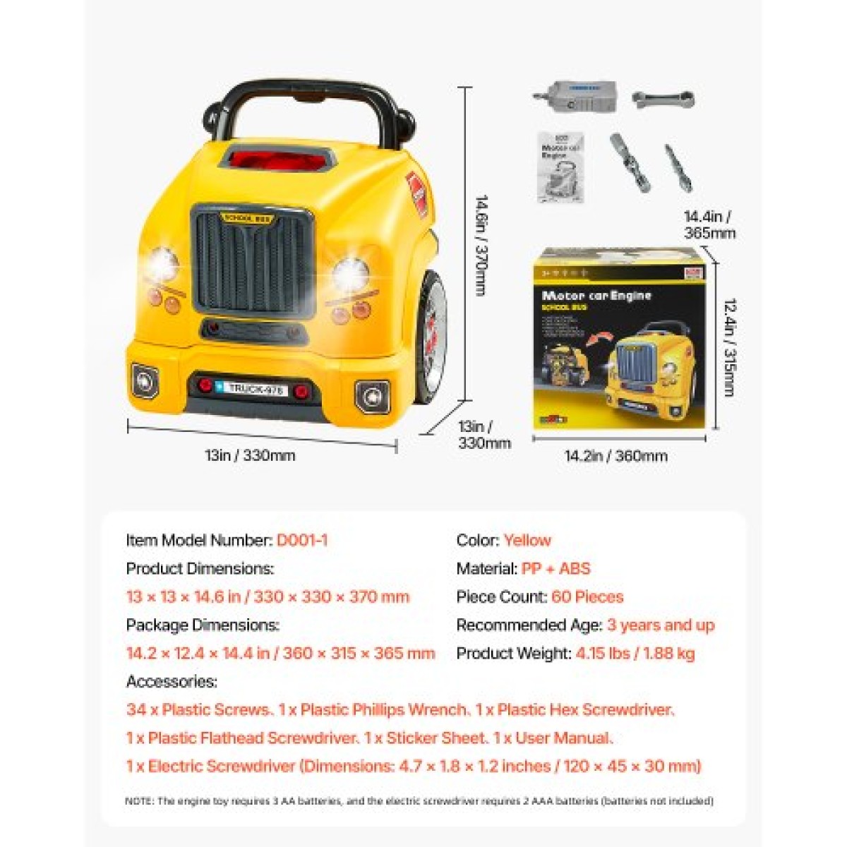 VEVOR Engine Toy, 60 τεμαχίων, Παιδικό σετ επισκευής μηχανικού αυτοκινήτου με αφαιρούμενα ανταλλακτικά, φώτα και ήχους, τιμόνι και κόρνα, σετ εργαστηρίου Παιδικό μηχανικό για νήπια 3 ετών και άνω, κίτρινο