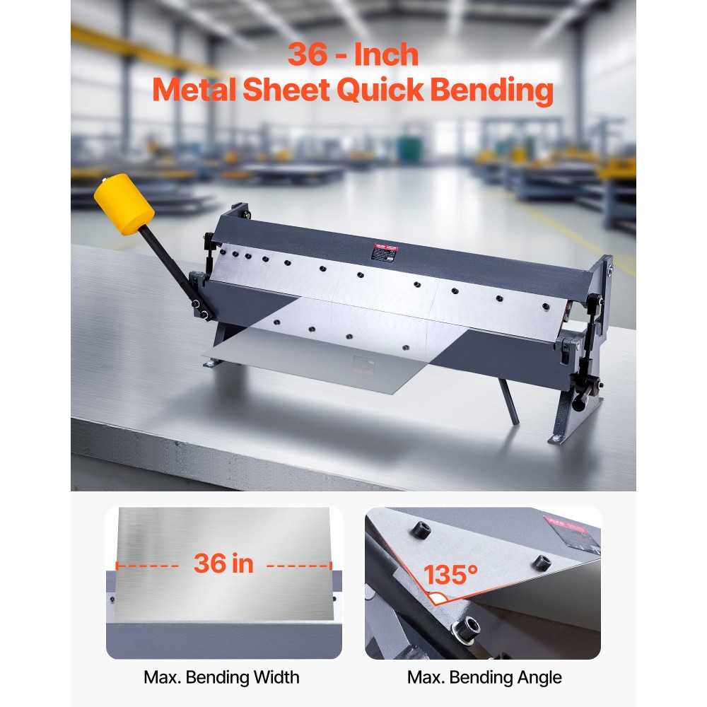VEVOR Box and Pan Brake, 910 mm/36 inch Sheet Metal Bending Brake, 16-Gauge Mild Steel Capacity, 0-135 Devels Adjustable, Metal Bender Machine with 6 Fingers, Heavy Duty Aluminium Folder for Precise Linding