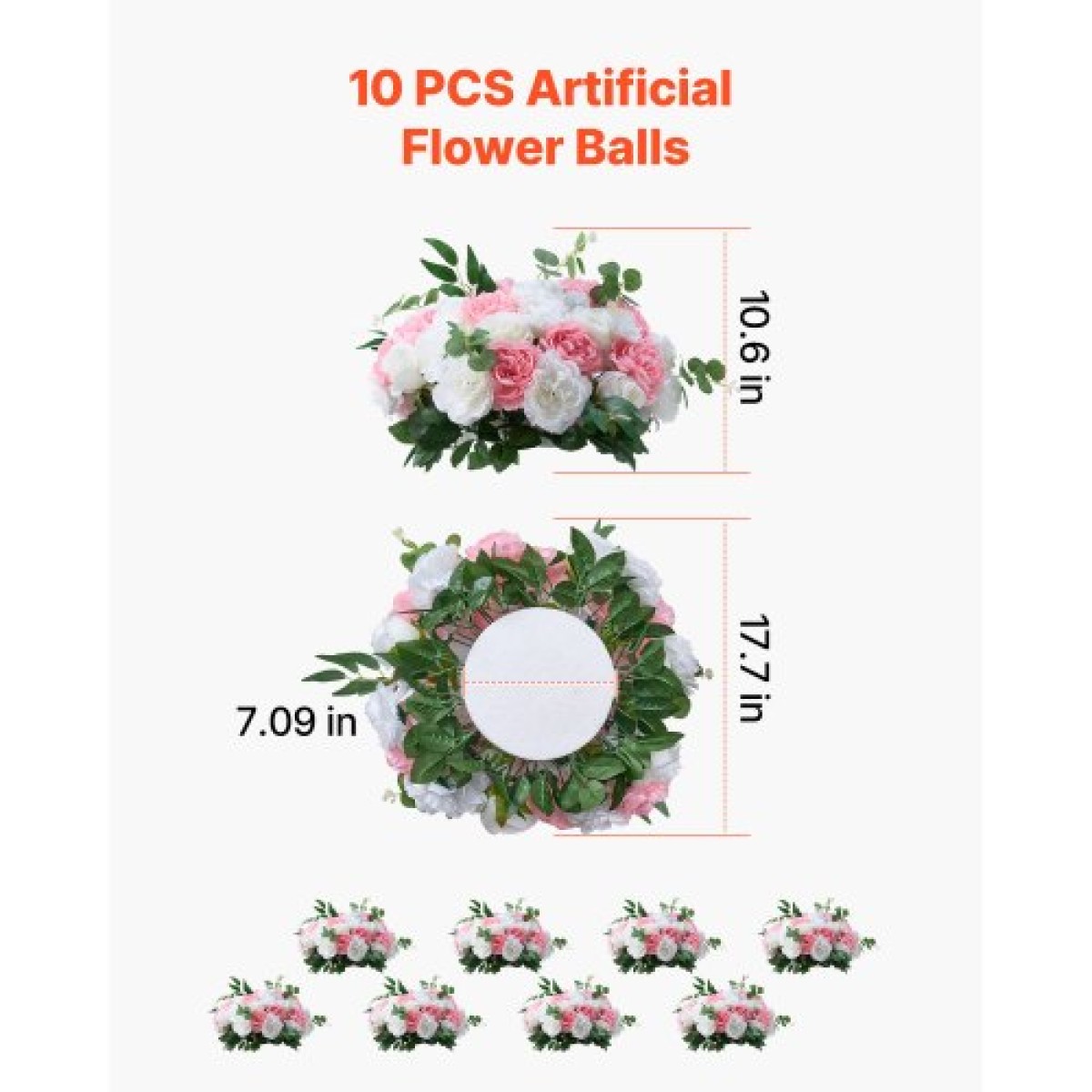 Μπουκέτο VEVOR Flower Ball Arrangement 10 ΤΕΜ, Διαμέτρου 450 mm Μπάλες τεχνητού λουλουδιού Τραπέζι γάμου Κεντρικά, Ροζ Συνθέσεις για Κεντρική διακόσμηση Γάμου, Ροζ και Λευκά τριαντάφυλλα