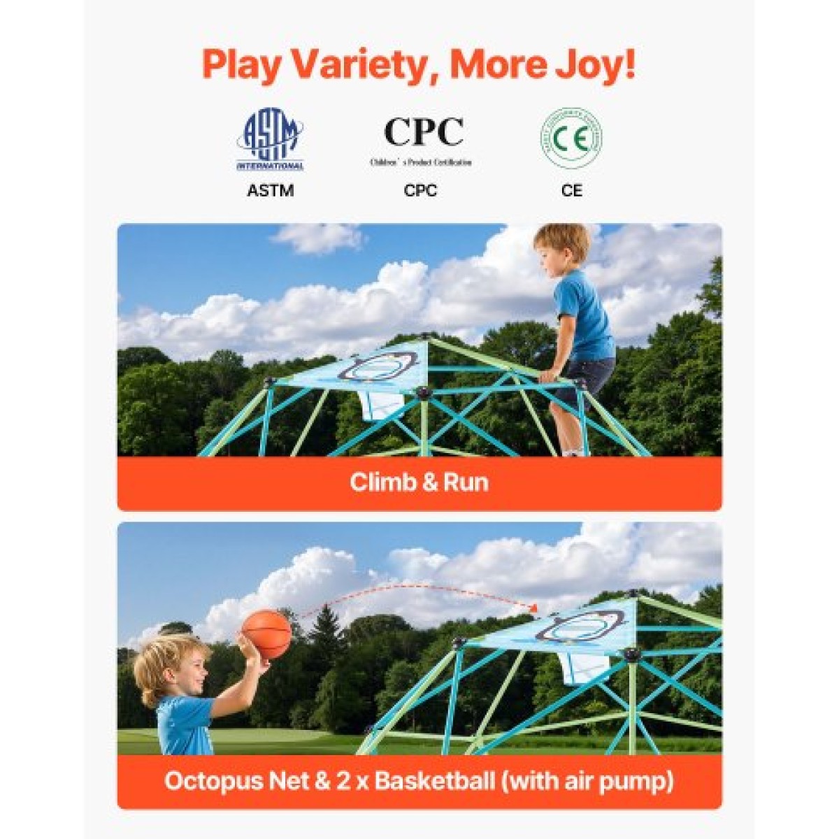 VEVOR Climbing Dome, 305cm Geometric Dome Climber για παιδιά, 453kg Loading Jungle Gym Παιδική χαρά με δίχτυ χταποδιού & 2 μπάλες μπάσκετ, Εύκολη συναρμολόγηση Υπαίθρια παιχνίδια αναρρίχησης στην πίσω αυλή - Δώρο για αγόρια κορίτσια