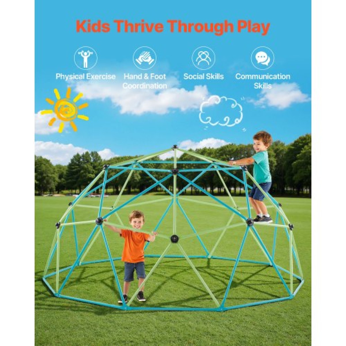 VEVOR Climbing Dome, 305cm Geometric Dome Climber για παιδιά, 453kg Loading Jungle Gym Παιδική χαρά με δίχτυ χταποδιού & 2 μπάλες μπάσκετ, Εύκολη συναρμολόγηση Υπαίθρια παιχνίδια αναρρίχησης στην πίσω αυλή - Δώρο για αγόρια κορίτσια