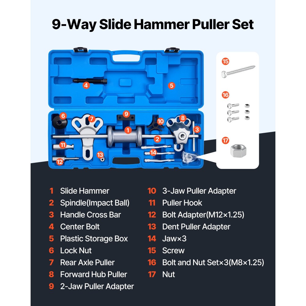 Σετ 9-Way Slide Hammer Puller VEVOR, 15 τμχ Σετ αφαίρεσης ρουλεμάν εμπρός τροχού & εξολκέα πλήμνης πίσω άξονα τροχού Εργαλείο εξολκέα βαθουλώματος άξονα άξονα, κιτ εργαλείων εξολκέα ρουλεμάν άξονα και σετ αφαίρεσης σφυριού ολίσθησης με κουτί μεταφοράς