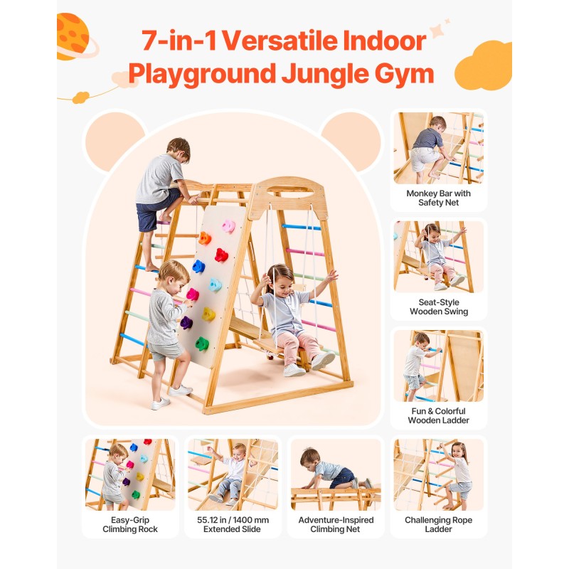 VEVOR Εσωτερική Παιδική Χαρά Jungle Gym, 7 σε 1 Ξύλινη εσωτερική παιδική χαρά για παιδιά, 113 KG παιχνίδια αναρρίχησης Montessori με κούνια, Monkey Bar, τσουλήθρα, Ξύλινη σκάλα, σκάλα με σχοινί, δίχτυ αναρρίχησης και βράχο