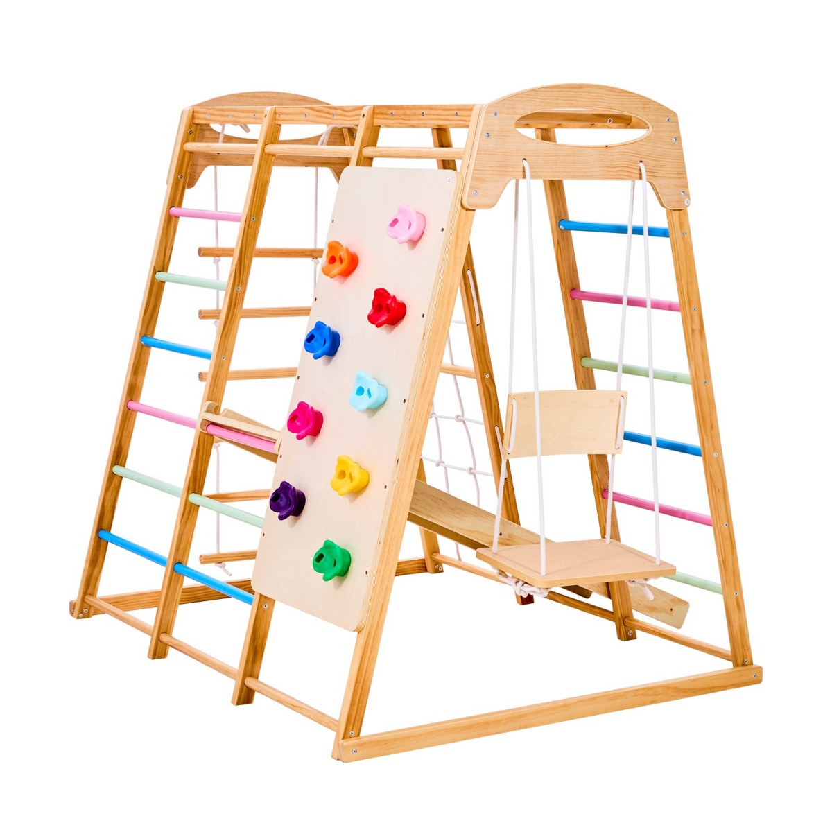 VEVOR Εσωτερική Παιδική Χαρά Jungle Gym, 7 σε 1 Ξύλινη εσωτερική παιδική χαρά για παιδιά, 113 KG παιχνίδια αναρρίχησης Montessori με κούνια, Monkey Bar, τσουλήθρα, Ξύλινη σκάλα, σκάλα με σχοινί, δίχτυ αναρρίχησης και βράχο