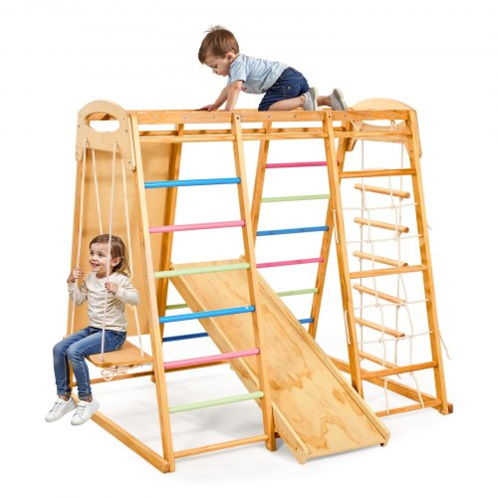 VEVOR Εσωτερική Παιδική Χαρά Jungle Gym, 7 σε 1 Ξύλινη εσωτερική παιδική χαρά για παιδιά, 113 KG παιχνίδια αναρρίχησης Montessori με κούνια, Monkey Bar, τσουλήθρα, Ξύλινη σκάλα, σκάλα με σχοινί, δίχτυ αναρρίχησης και βράχο