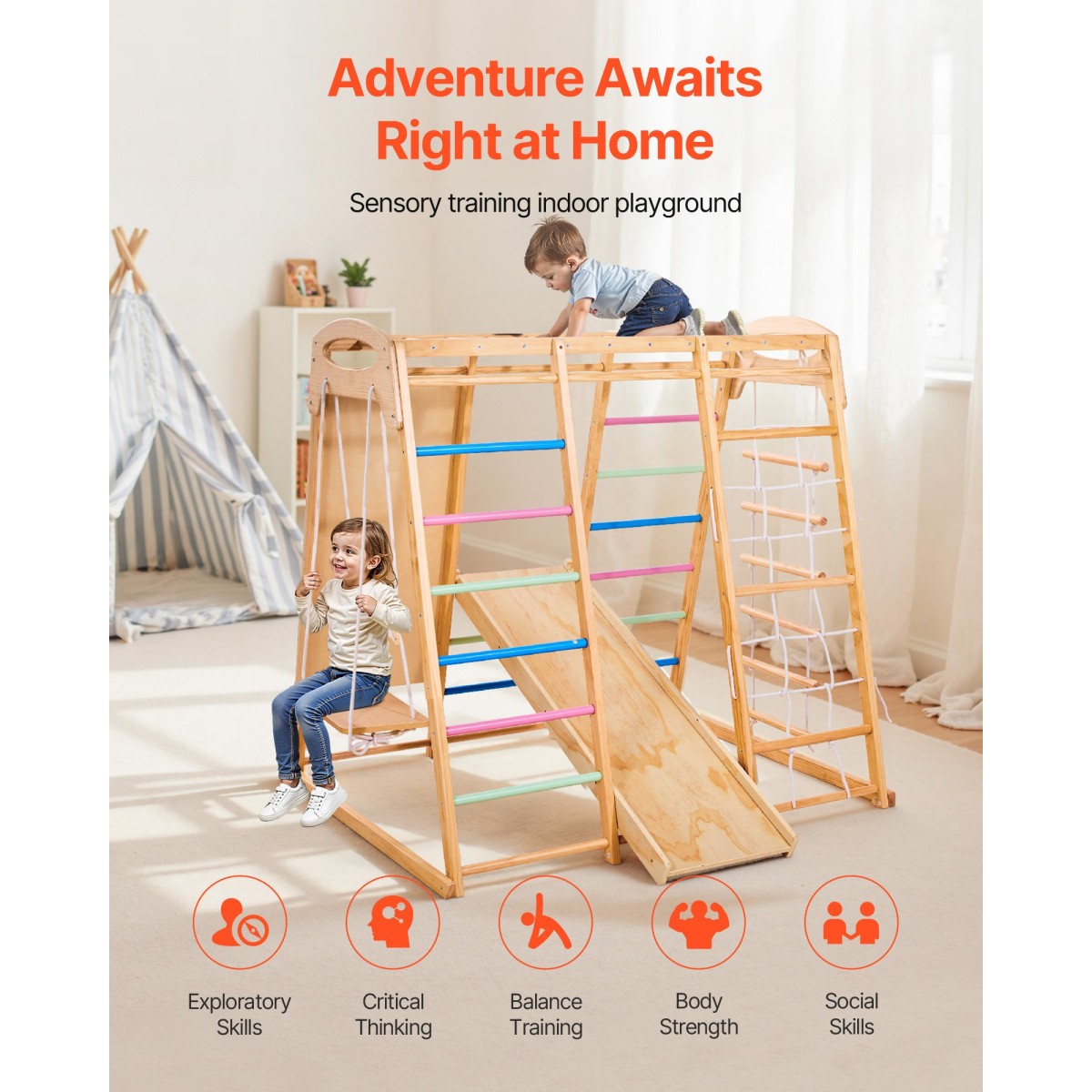 VEVOR Εσωτερική Παιδική Χαρά Jungle Gym, 7 σε 1 Ξύλινη εσωτερική παιδική χαρά για παιδιά, 113 KG παιχνίδια αναρρίχησης Montessori με κούνια, Monkey Bar, τσουλήθρα, Ξύλινη σκάλα, σκάλα με σχοινί, δίχτυ αναρρίχησης και βράχο