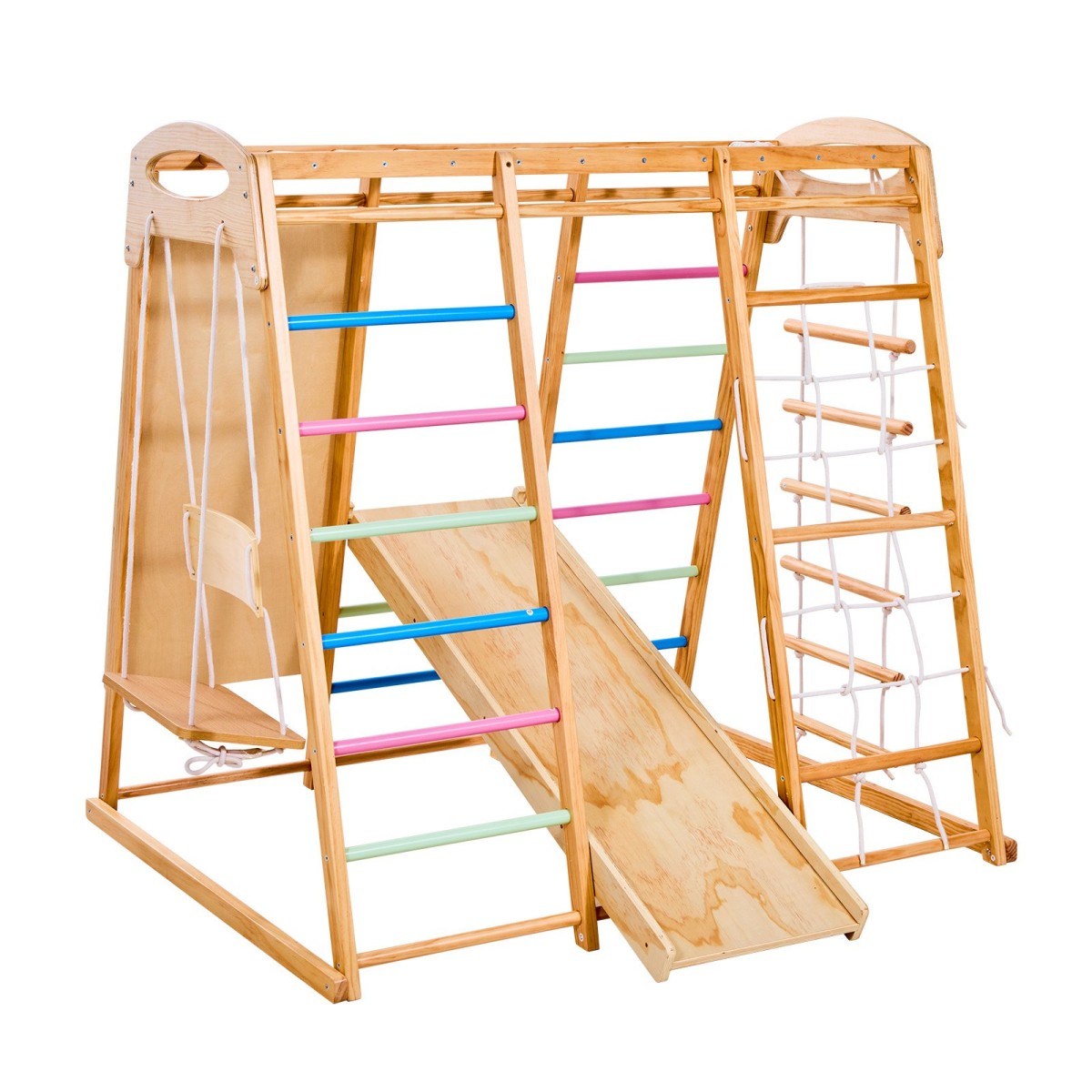VEVOR Εσωτερική Παιδική Χαρά Jungle Gym, 7 σε 1 Ξύλινη εσωτερική παιδική χαρά για παιδιά, 113 KG παιχνίδια αναρρίχησης Montessori με κούνια, Monkey Bar, τσουλήθρα, Ξύλινη σκάλα, σκάλα με σχοινί, δίχτυ αναρρίχησης και βράχο