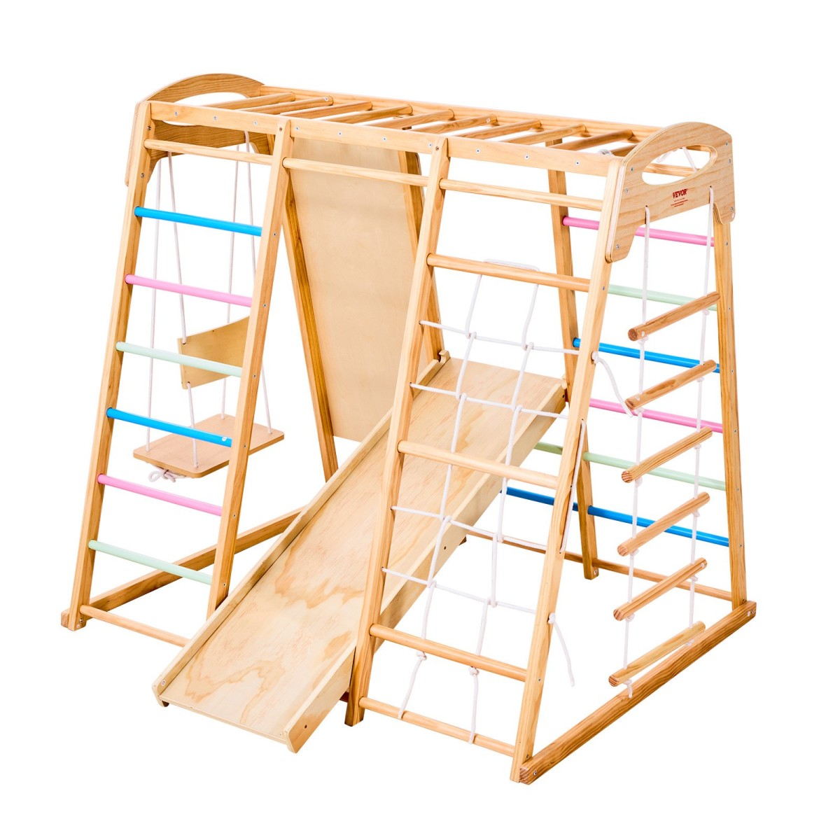 VEVOR Εσωτερική Παιδική Χαρά Jungle Gym, 7 σε 1 Ξύλινη εσωτερική παιδική χαρά για παιδιά, 113 KG παιχνίδια αναρρίχησης Montessori με κούνια, Monkey Bar, τσουλήθρα, Ξύλινη σκάλα, σκάλα με σχοινί, δίχτυ αναρρίχησης και βράχο