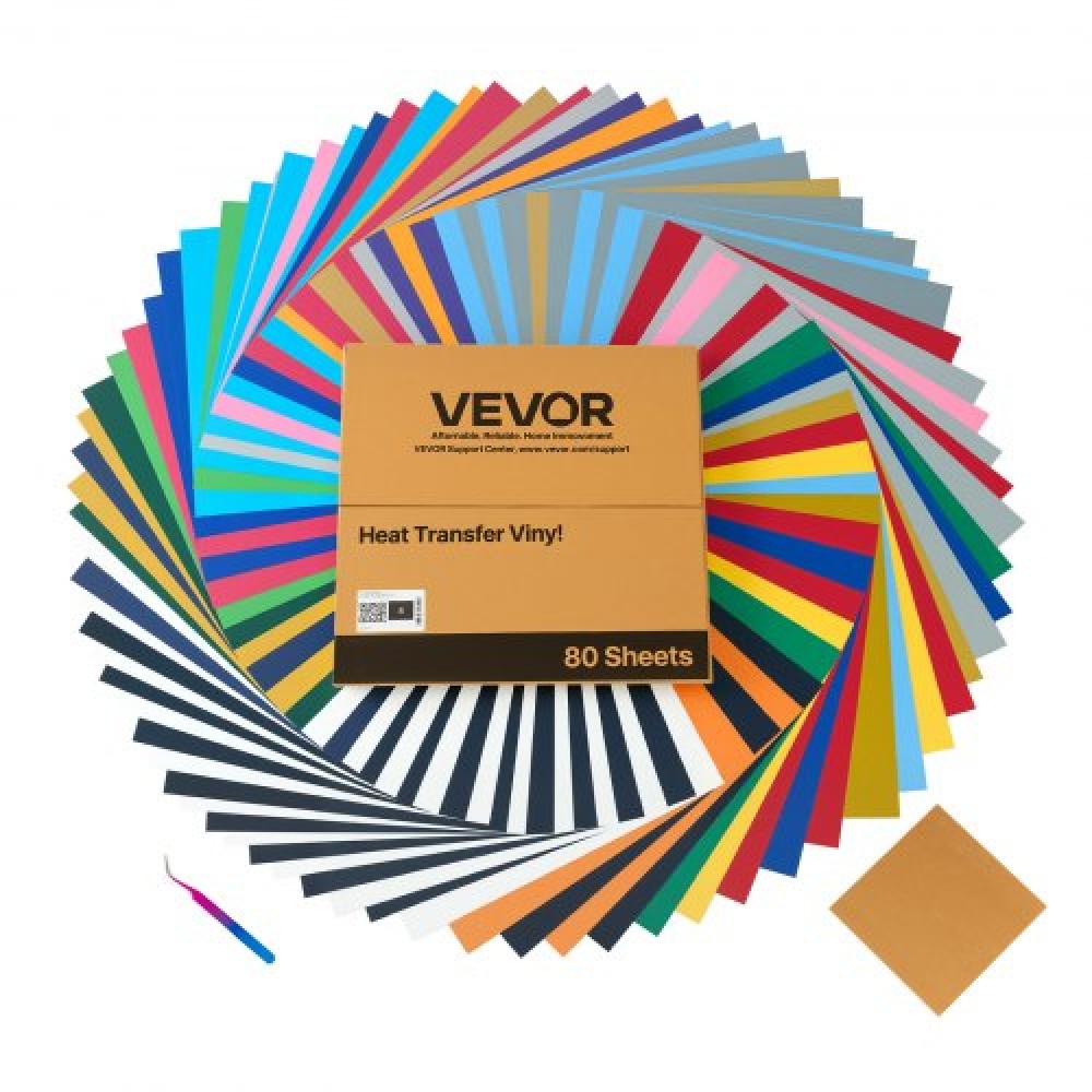 VEVOR Heat Transfer Vinyl, 80 Pack, 304,8 x 304,8mm, Διάφορα Χρώματα HTV Iron on Vinyl Bundle, Εύκολη κοπή και ζιζανίων, με αξεσουάρ, Συμβατό με μηχανές κοπής, για διάφορα υλικά, μπλουζάκια