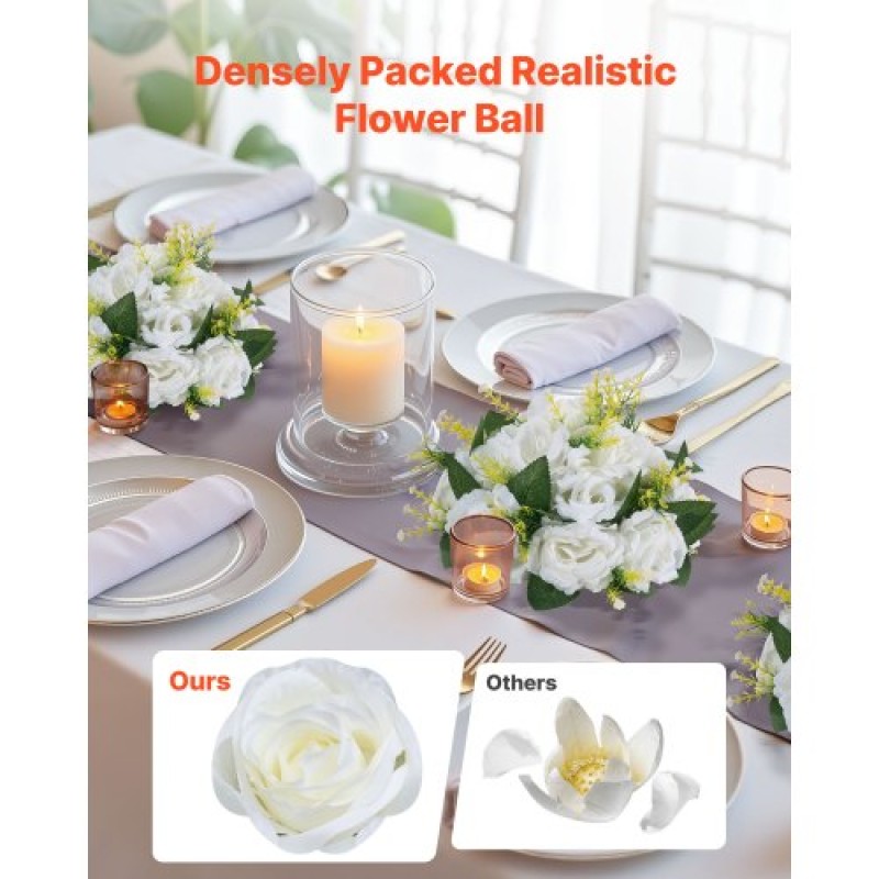 VEVOR Flower Balls Arrangement Bouquet 10 ΤΕΜ, 240 mm Diameter Artificial Flower Balls Wedding Rose Centralpieces, Faux Flowers Arrangement for Wedding Centerpiece Διακοσμήσεις τραπεζιού σπιτιού, λευκό