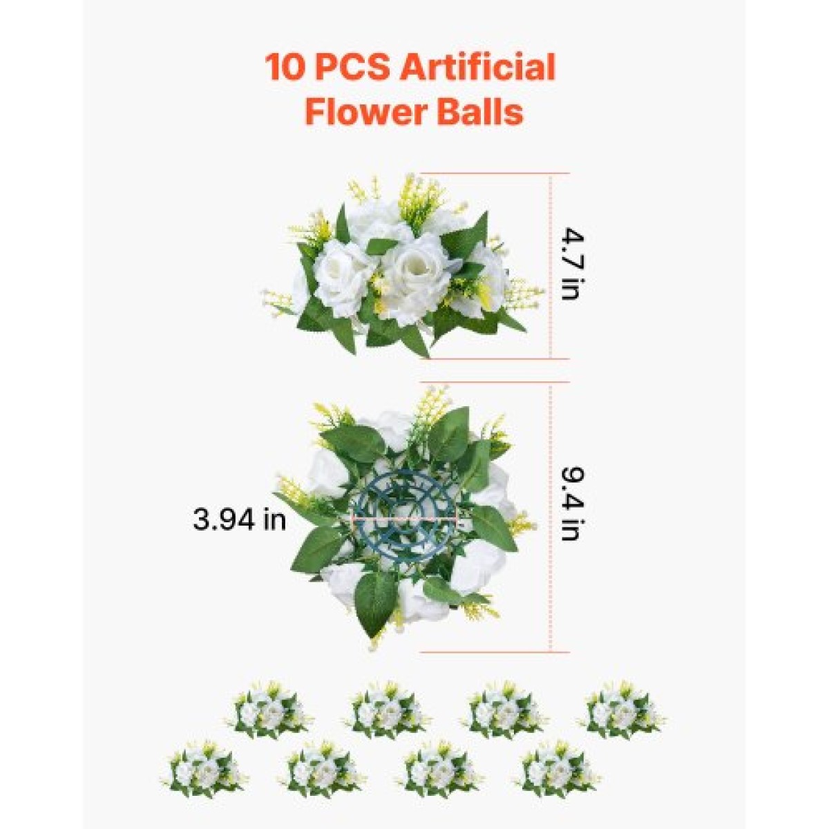 VEVOR Flower Balls Arrangement Bouquet 10 ΤΕΜ, 240 mm Diameter Artificial Flower Balls Wedding Rose Centralpieces, Faux Flowers Arrangement for Wedding Centerpiece Διακοσμήσεις τραπεζιού σπιτιού, λευκό