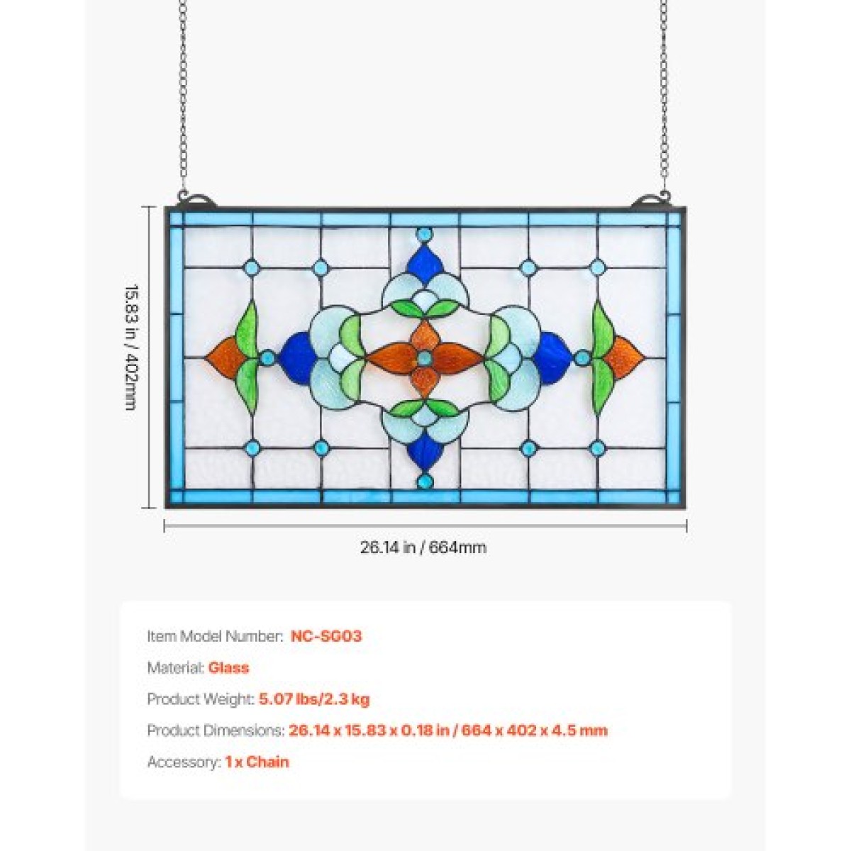 Πάνελ παραθύρου VEVOR βιτρό, 664 x 402 mm, κρεμαστό παράθυρο τραβέρσας τύπου Tiffany με αλυσίδα, μεγάλο οριζόντιο ορθογώνιο βιτρό, Vintage χειροτεχνίες παραδοσιακής τέχνης για διακόσμηση σπιτιού κουζίνας
