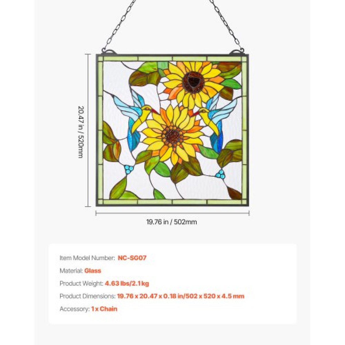 Πάνελ παραθύρου VEVOR βιτρό, 502 x 520 mm, κρεμαστό παράθυρο τραβέρσας τύπου Tiffany με αλυσίδα, μεγάλο κάθετο ορθογώνιο βιτρό, vintage χειροτεχνίες παραδοσιακής τέχνης για διακόσμηση σπιτιού κουζίνας