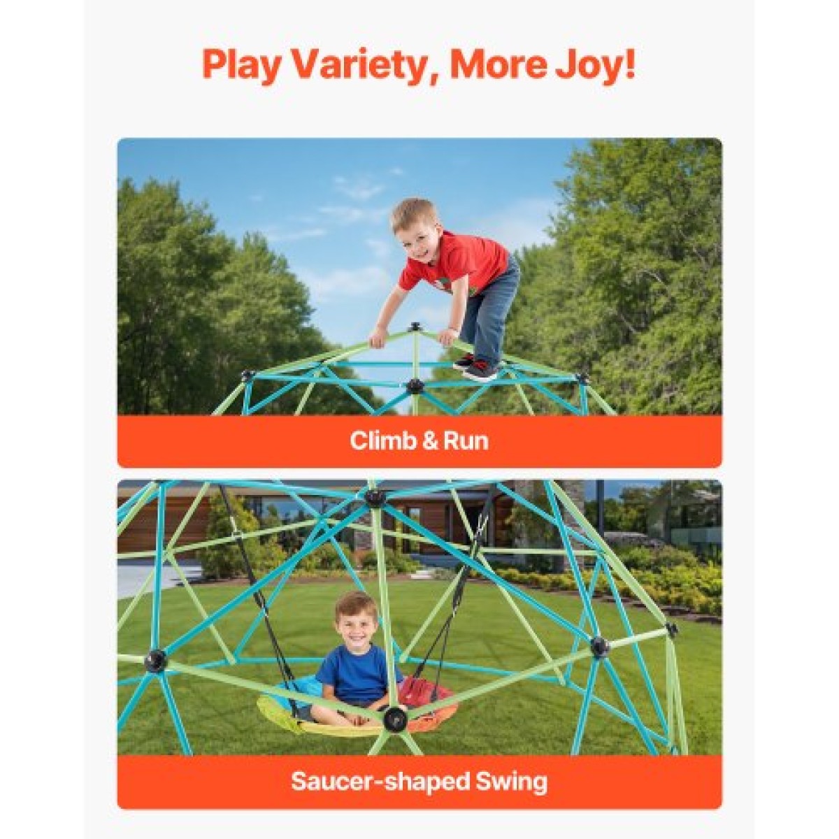 VEVOR Climbing Dome, 305cm Geometric Dome Climber with Saucer Swing, 453kg Loading Kid's Jungle Gym Παιδική χαρά, Εύκολη συναρμολόγηση Εξοπλισμός αναρρίχησης στην υπαίθρια αυλή για αγόρια κορίτσια 3 έως 10 ετών