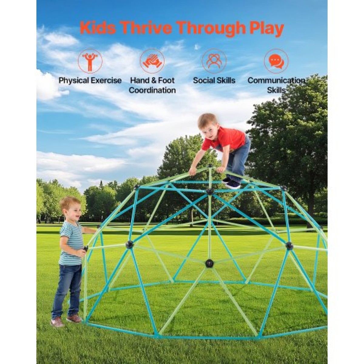 VEVOR Climbing Dome, 305cm Geometric Dome Climber with Saucer Swing, 453kg Loading Kid's Jungle Gym Παιδική χαρά, Εύκολη συναρμολόγηση Εξοπλισμός αναρρίχησης στην υπαίθρια αυλή για αγόρια κορίτσια 3 έως 10 ετών