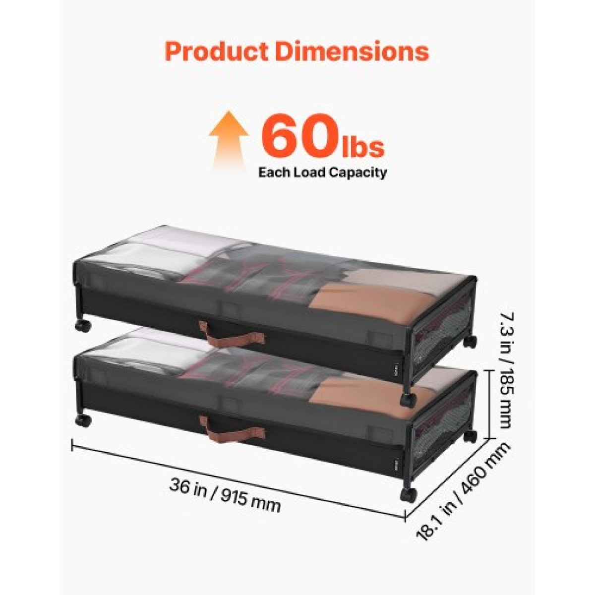 VEVOR Under Bed Storage με ρόδες, 915 x 460 x 185 mm, δοχεία κάτω από το κρεβάτι με διαφανές καπάκι, οργάνωση παπουτσιών κάτω από το κρεβάτι, κύλινδροι αποθήκευσης κάτω από το κρεβάτι για ρούχα, παπούτσια, κουβέρτες, υπνοδωμάτιο, 2 πακέτα