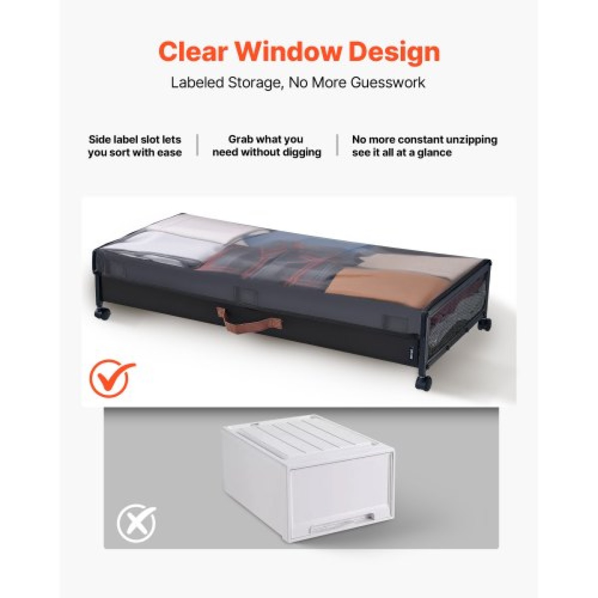 VEVOR Under Bed Storage με ρόδες, 915 x 460 x 185 mm, δοχεία κάτω από το κρεβάτι με διαφανές καπάκι, οργάνωση παπουτσιών κάτω από το κρεβάτι, κύλινδροι αποθήκευσης κάτω από το κρεβάτι για ρούχα, παπούτσια, κουβέρτες, υπνοδωμάτιο, 2 πακέτα