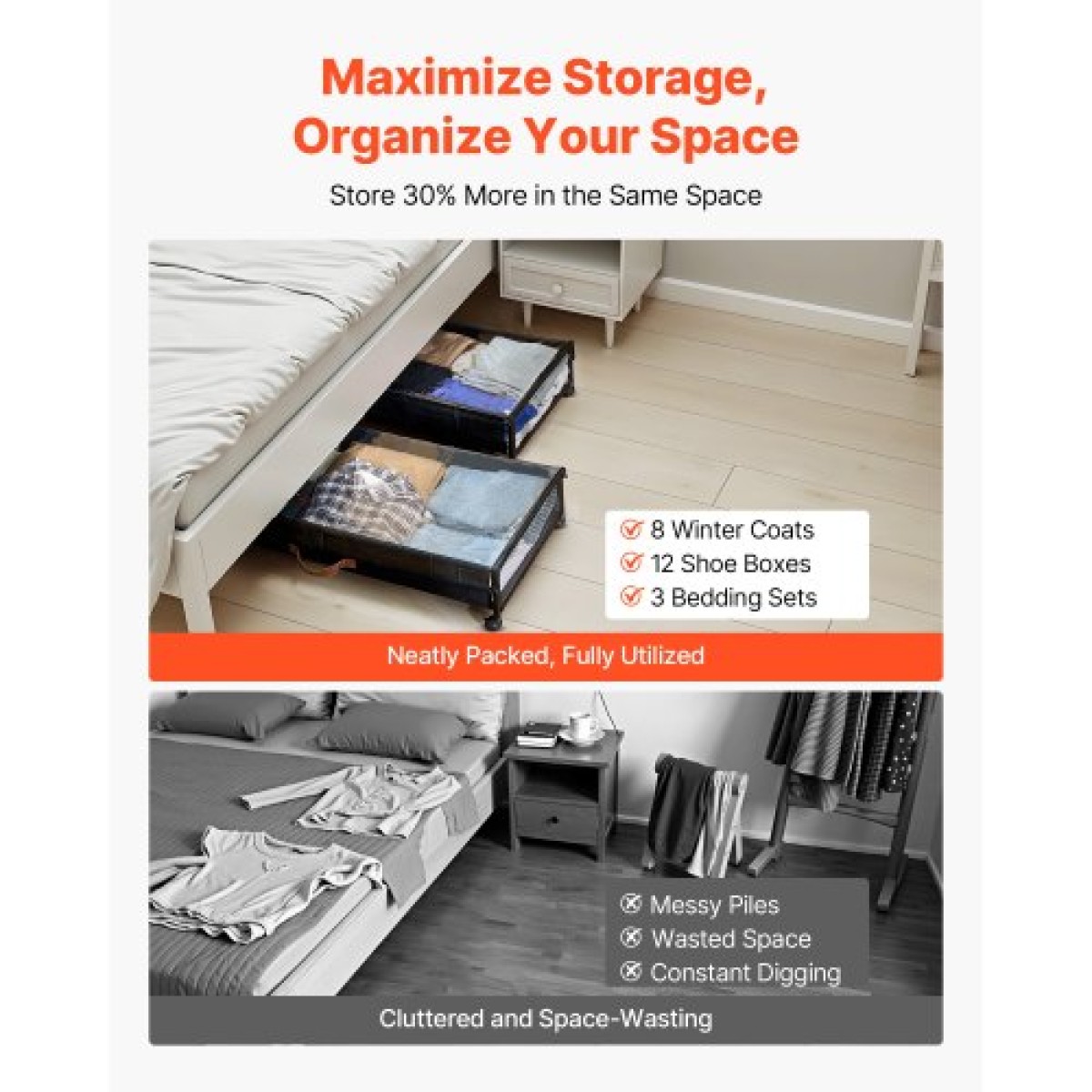 VEVOR Under Bed Storage με ρόδες, 915 x 460 x 185 mm, δοχεία κάτω από το κρεβάτι με διαφανές καπάκι, οργάνωση παπουτσιών κάτω από το κρεβάτι, κύλινδροι αποθήκευσης κάτω από το κρεβάτι για ρούχα, παπούτσια, κουβέρτες, υπνοδωμάτιο, 2 πακέτα
