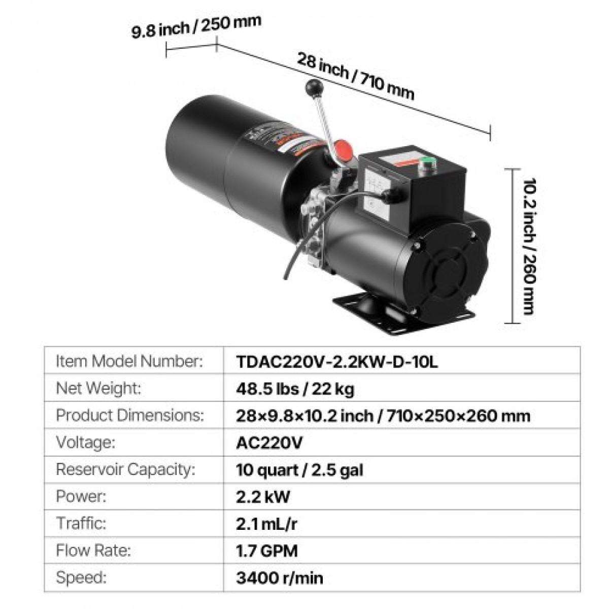 Μονάδα ισχύος υδραυλικής αντλίας VEVOR, AC 220V, υδραυλική μονάδα μονής δράσης 10 Quart, ροή λαδιού 6,3 L/min, μέγιστη πίεση εκκένωσης 22 MPa για ανατρεπόμενο φορτηγό, γκαράζ επισκευής αυτοκινήτων, πλατφόρμες ανύψωσης αυτοκινήτων, μαύρο