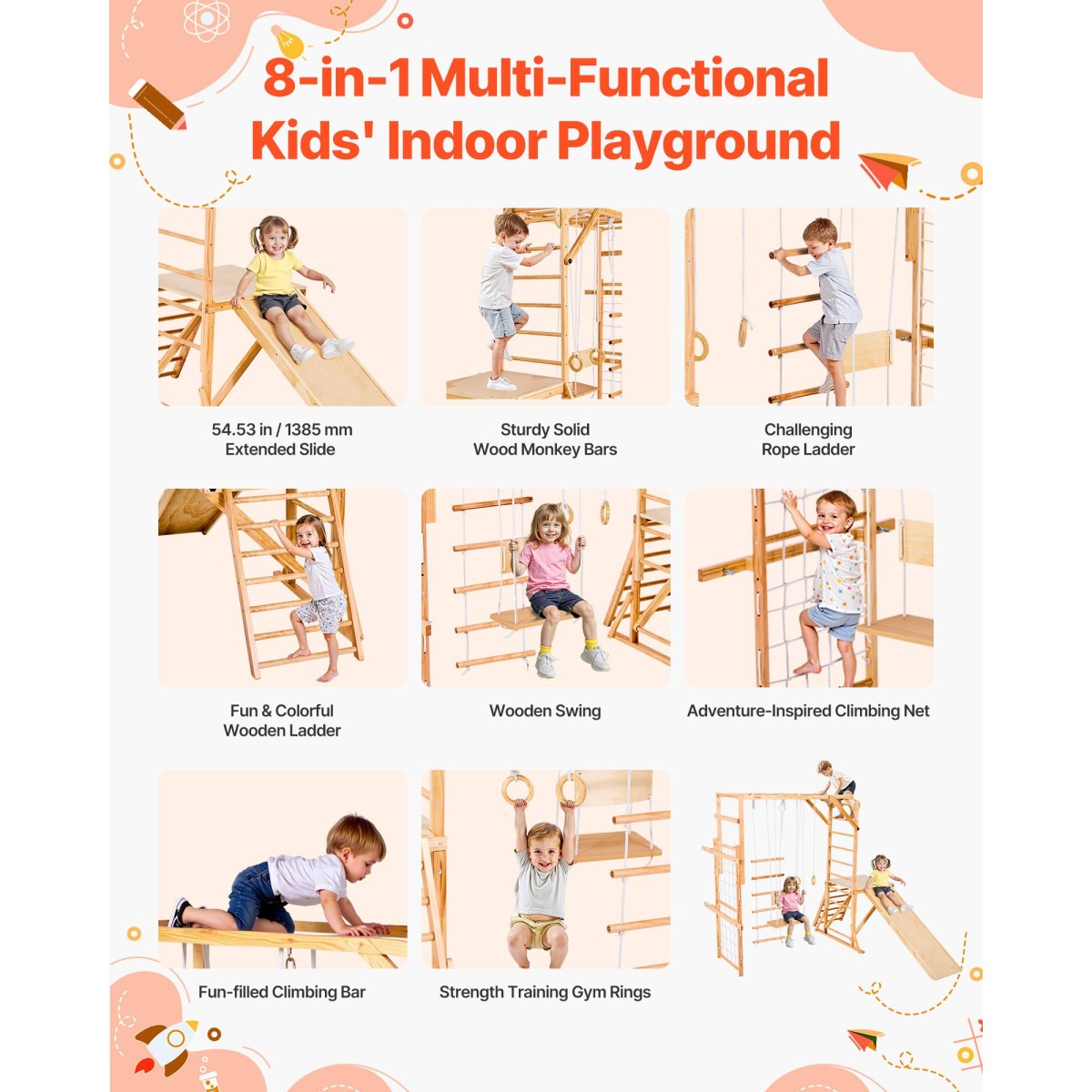 Εσωτερική παιδική χαρά VEVOR Jungle Gym, 8 σε 1 Ξύλινη εσωτερική παιδική χαρά για παιδιά, 100 KG παιχνίδια αναρρίχησης Montessori με τσουλήθρα, κούνια, μαϊμού μπαρ, δαχτυλίδια γυμναστικής, Ξύλινη σκάλα / σχοινί, δίχτυ και μπάρα αναρρίχησης