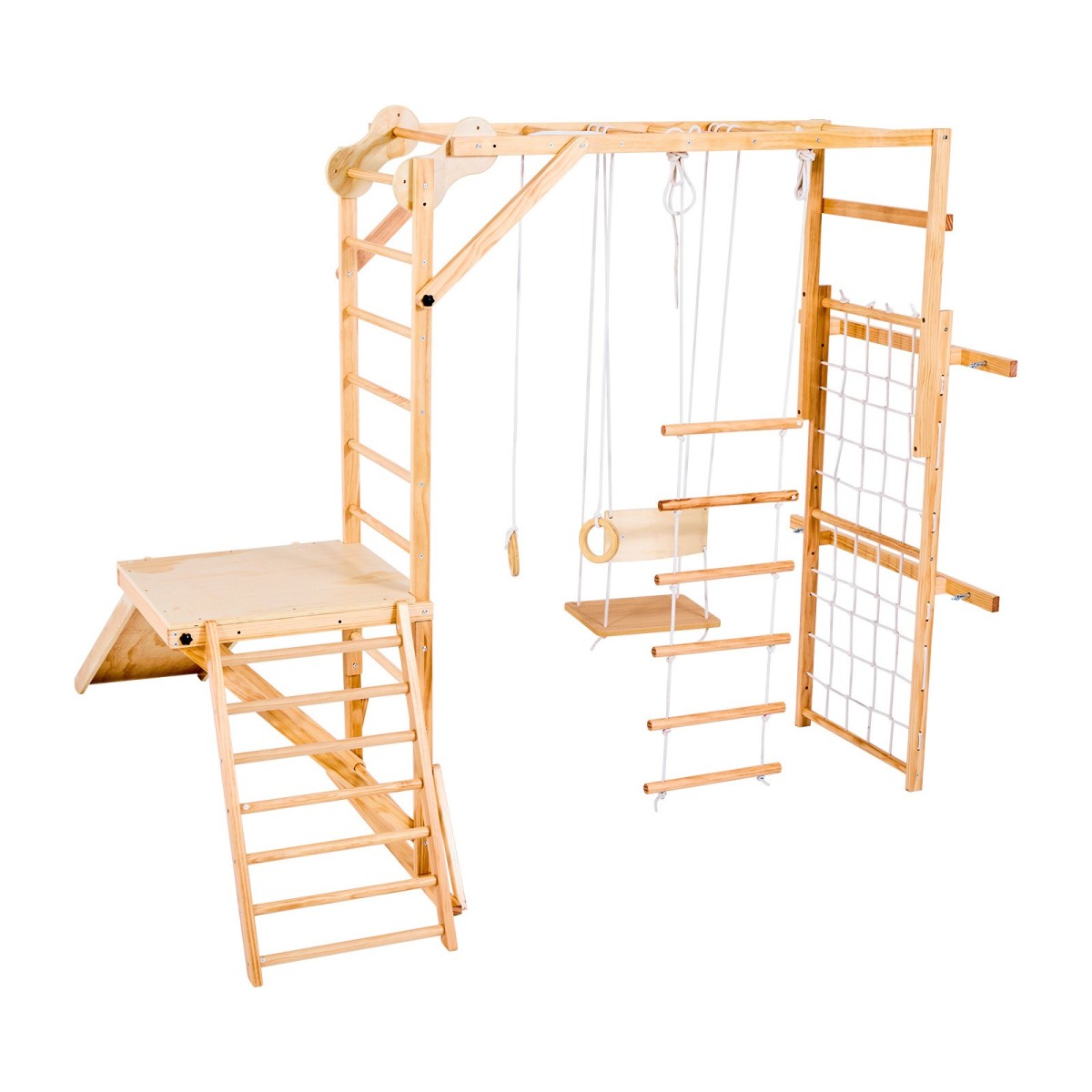 Εσωτερική παιδική χαρά VEVOR Jungle Gym, 8 σε 1 Ξύλινη εσωτερική παιδική χαρά για παιδιά, 100 KG παιχνίδια αναρρίχησης Montessori με τσουλήθρα, κούνια, μαϊμού μπαρ, δαχτυλίδια γυμναστικής, Ξύλινη σκάλα / σχοινί, δίχτυ και μπάρα αναρρίχησης
