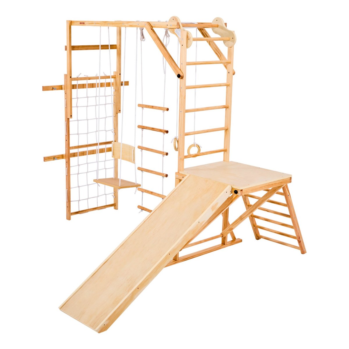 Εσωτερική παιδική χαρά VEVOR Jungle Gym, 8 σε 1 Ξύλινη εσωτερική παιδική χαρά για παιδιά, 100 KG παιχνίδια αναρρίχησης Montessori με τσουλήθρα, κούνια, μαϊμού μπαρ, δαχτυλίδια γυμναστικής, Ξύλινη σκάλα / σχοινί, δίχτυ και μπάρα αναρρίχησης