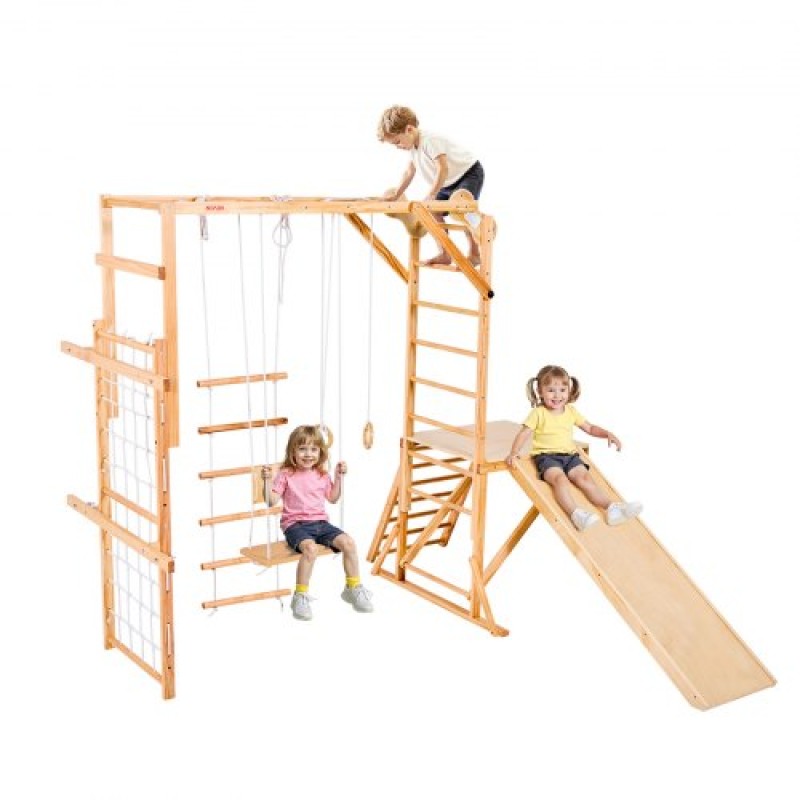 Εσωτερική παιδική χαρά VEVOR Jungle Gym, 8 σε 1 Ξύλινη εσωτερική παιδική χαρά για παιδιά, 100 KG παιχνίδια αναρρίχησης Montessori με τσουλήθρα, κούνια, μαϊμού μπαρ, δαχτυλίδια γυμναστικής, Ξύλινη σκάλα / σχοινί, δίχτυ και μπάρα αναρρίχησης
