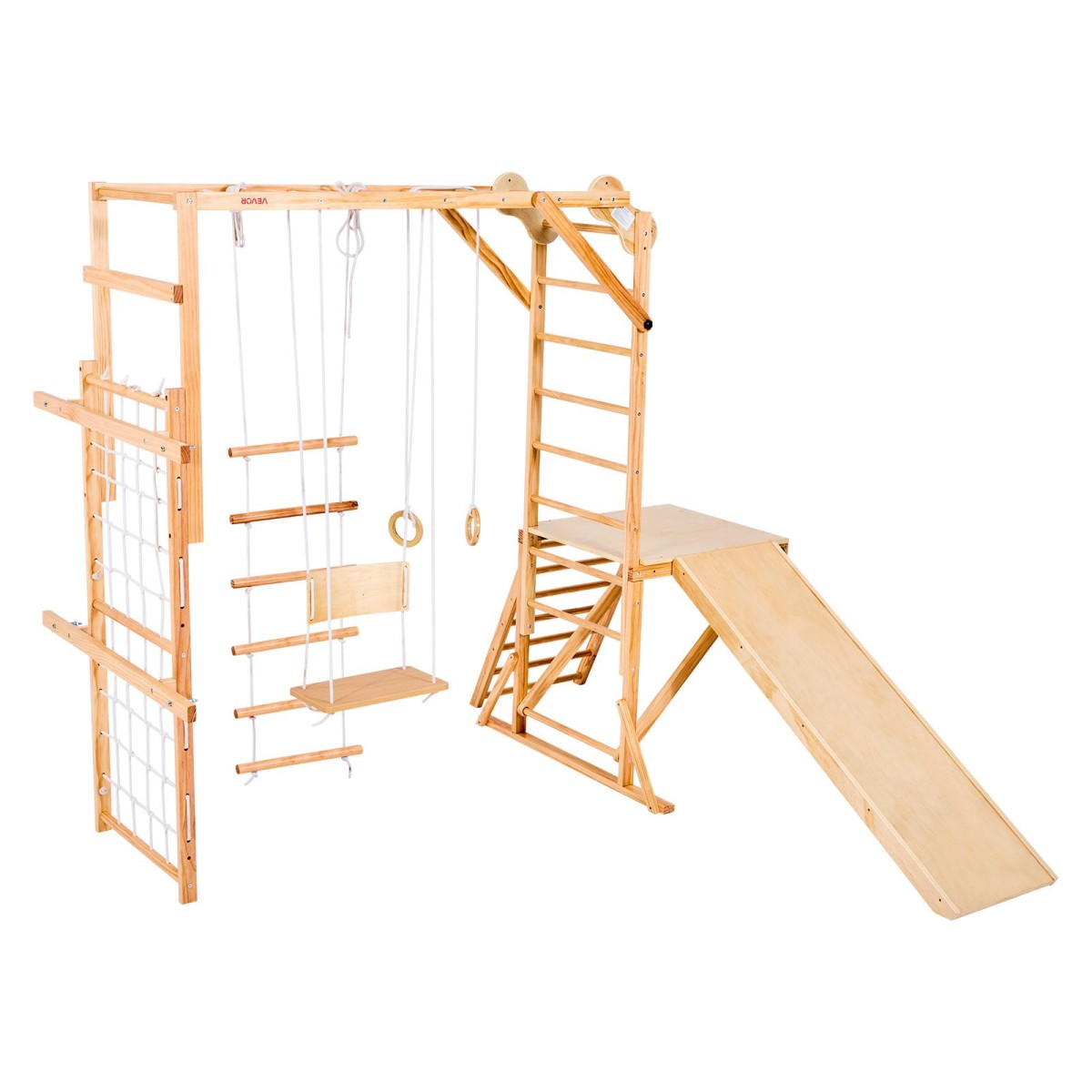 Εσωτερική παιδική χαρά VEVOR Jungle Gym, 8 σε 1 Ξύλινη εσωτερική παιδική χαρά για παιδιά, 100 KG παιχνίδια αναρρίχησης Montessori με τσουλήθρα, κούνια, μαϊμού μπαρ, δαχτυλίδια γυμναστικής, Ξύλινη σκάλα / σχοινί, δίχτυ και μπάρα αναρρίχησης