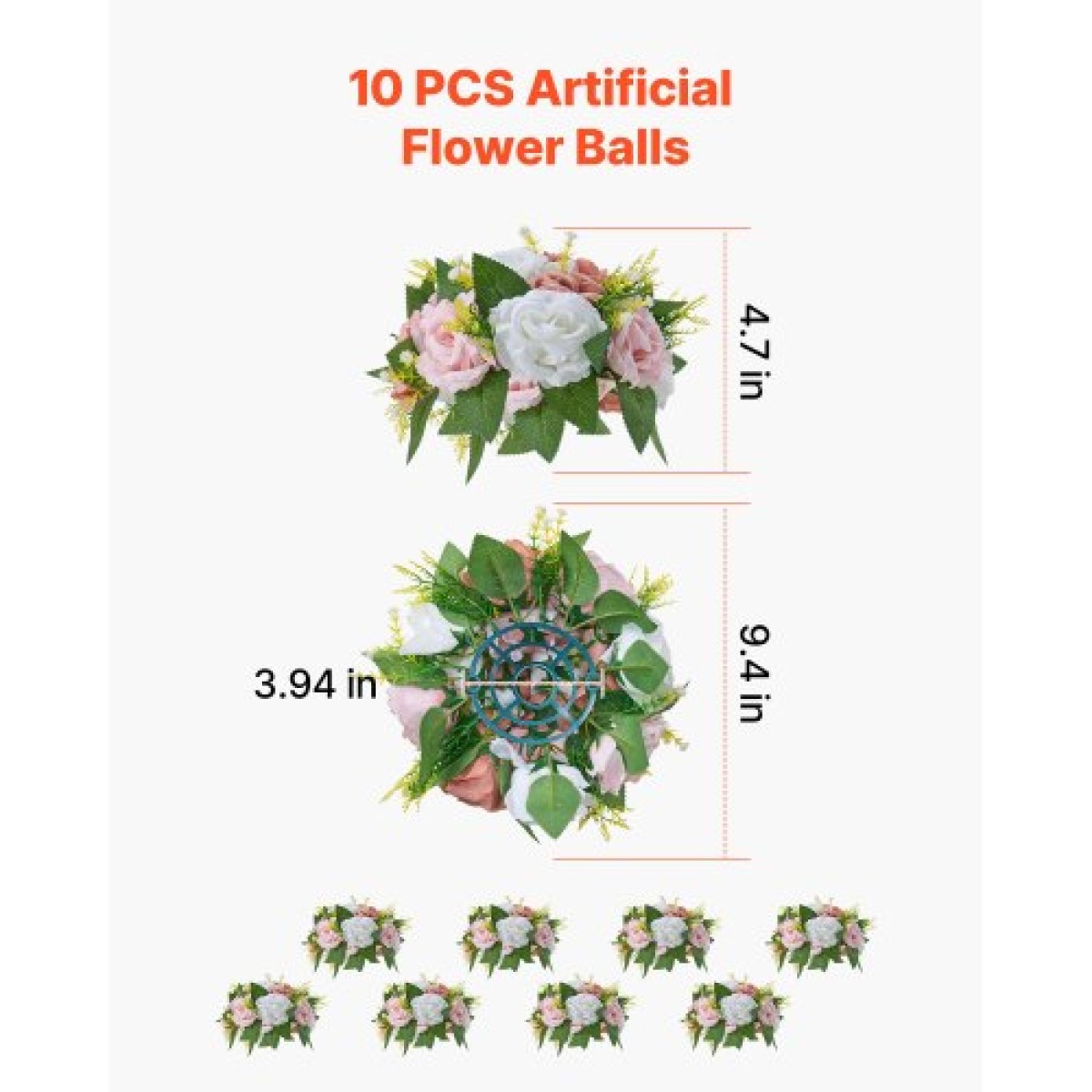 VEVOR Flower Ball Arrangement Bouquet 10PCS, 240 mm Diameter Artificial Flower Balls Banks Wedding Centrepieces, Faux Rose Arrangement for Wedding Κεντρική διακόσμηση σπιτιού, Ροζ και λευκά τριαντάφυλλα