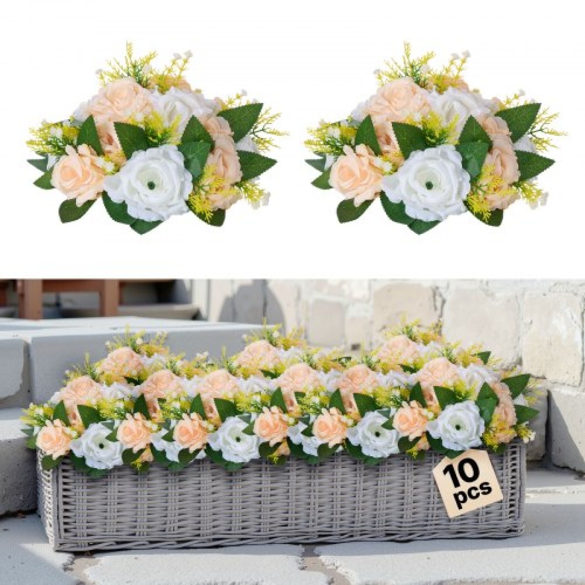 Μπουκέτο VEVOR Flower Ball Arrangement 10 ΤΕΜ, 240 mm Διάμετρος Artificial Flower Balls Banks Wedding Centrepieces, Rose Arrangement for Wedding Centrepiece Διακόσμηση σπιτιού, Σαμπάνια & Λευκά τριαντάφυλλα