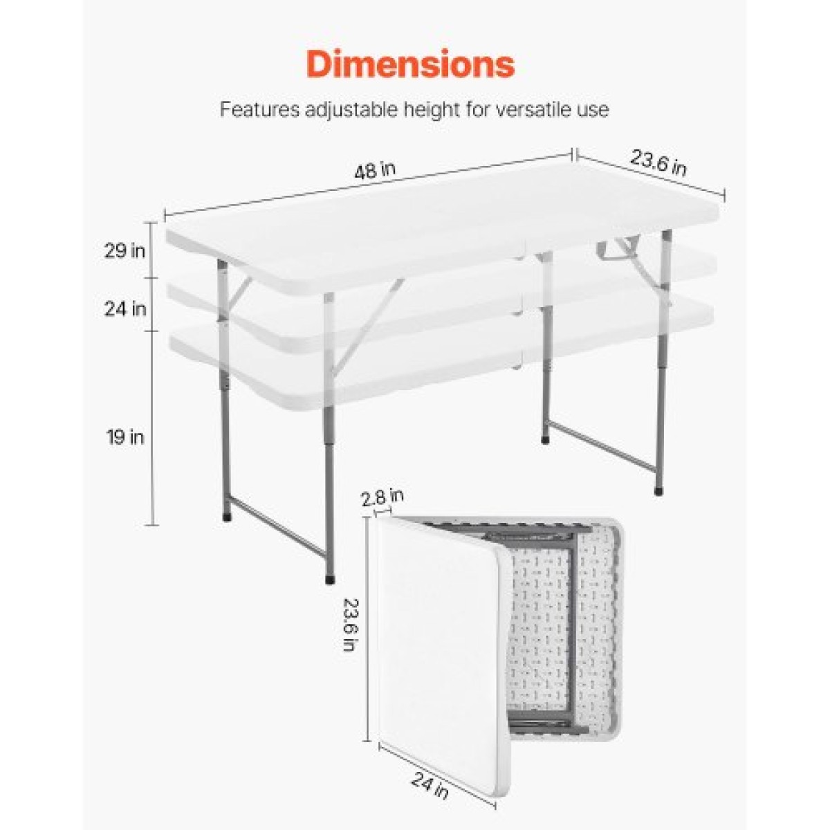 Πτυσσόμενο τραπέζι VEVOR, Φορητό 4 Ft Heavy Duty Πτυσσόμενο Βοηθητικό Τραπέζι, Εσωτερικό εξωτερικό πλαστικό ορθογώνιο τραπέζι με ρυθμιζόμενο ύψος και ενσωματωμένη λαβή, για πάρτι, τραπεζαρία, πικνίκ, κάμπινγκ, λευκό