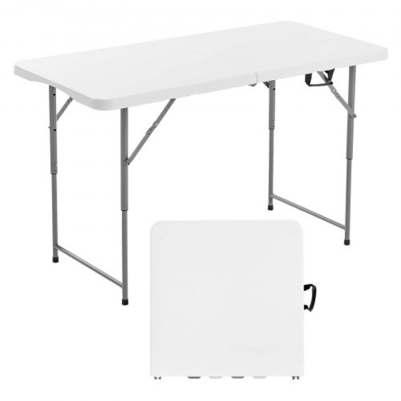 Πτυσσόμενο τραπέζι VEVOR, Φορητό 4 Ft Heavy Duty Πτυσσόμενο Βοηθητικό Τραπέζι, Εσωτερικό εξωτερικό πλαστικό ορθογώνιο τραπέζι με ρυθμιζόμενο ύψος και ενσωματωμένη λαβή, για πάρτι, τραπεζαρία, πικνίκ, κάμπινγκ, λευκό
