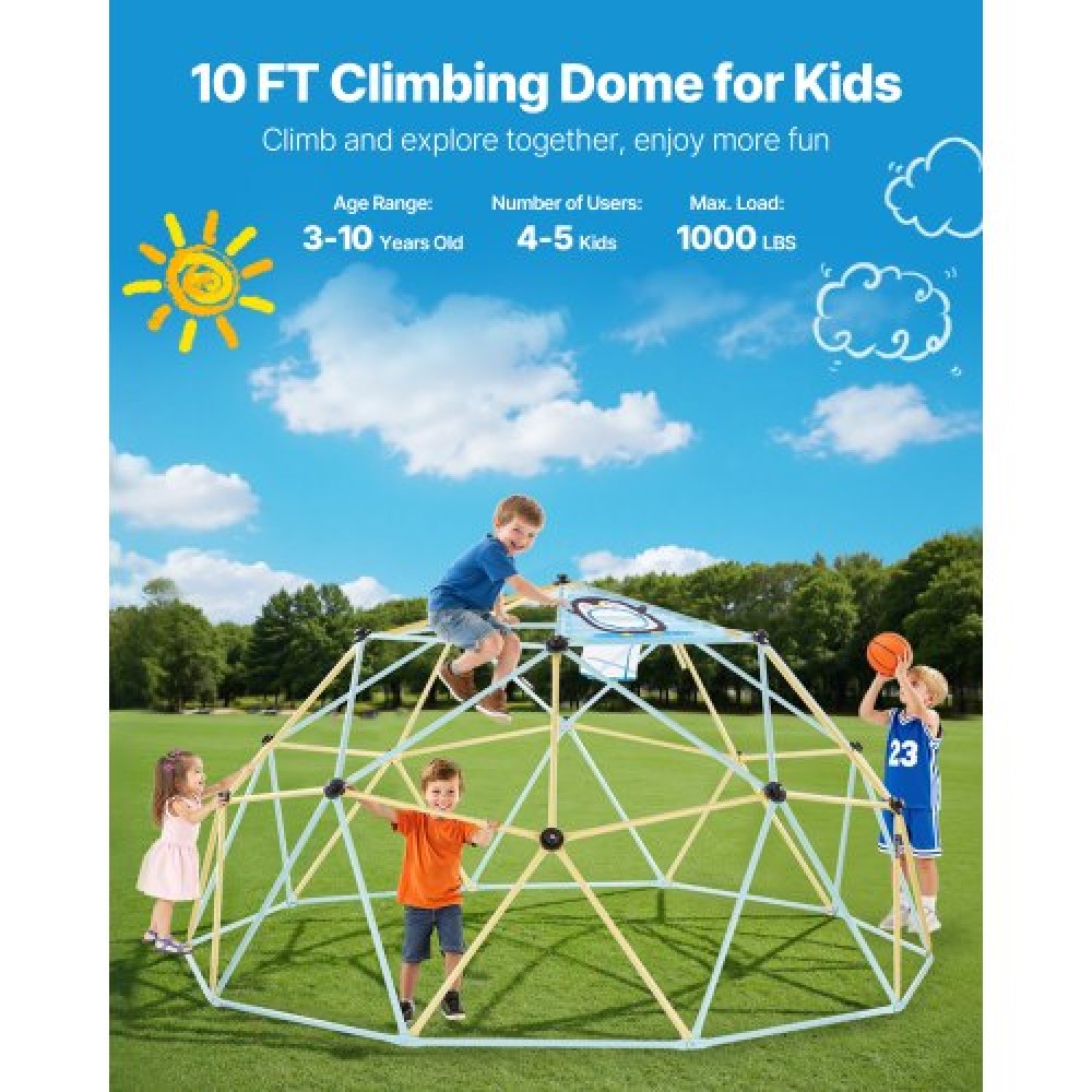 VEVOR Climbing Dome, 305cm Geometric Dome Climber, 453kg Loading Jungle Gym Παιδική χαρά με 2 μπάλες μπάσκετ και δίχτυ χταποδιού, Εύκολη συναρμολόγηση Εξοπλισμός αναρρίχησης στην αυλή εξωτερικού χώρου για παιδιά 3 έως 10 ετών