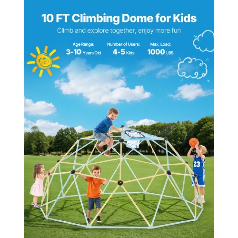 VEVOR Climbing Dome, 305cm Geometric Dome Climber, 453kg Loading Jungle Gym Παιδική χαρά με 2 μπάλες μπάσκετ και δίχτυ χταποδιού, Εύκολη συναρμολόγηση Εξοπλισμός αναρρίχησης στην αυλή εξωτερικού χώρου για παιδιά 3 έως 10 ετών
