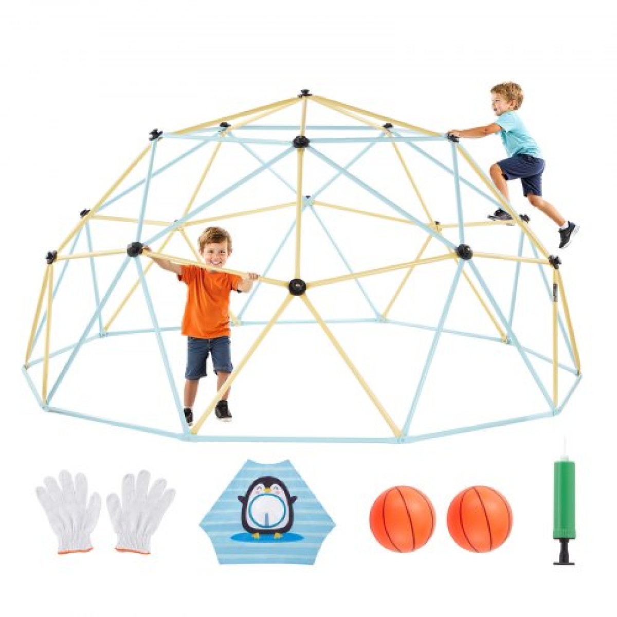 VEVOR Climbing Dome, 305cm Geometric Dome Climber, 453kg Loading Jungle Gym Παιδική χαρά με 2 μπάλες μπάσκετ και δίχτυ χταποδιού, Εύκολη συναρμολόγηση Εξοπλισμός αναρρίχησης στην αυλή εξωτερικού χώρου για παιδιά 3 έως 10 ετών