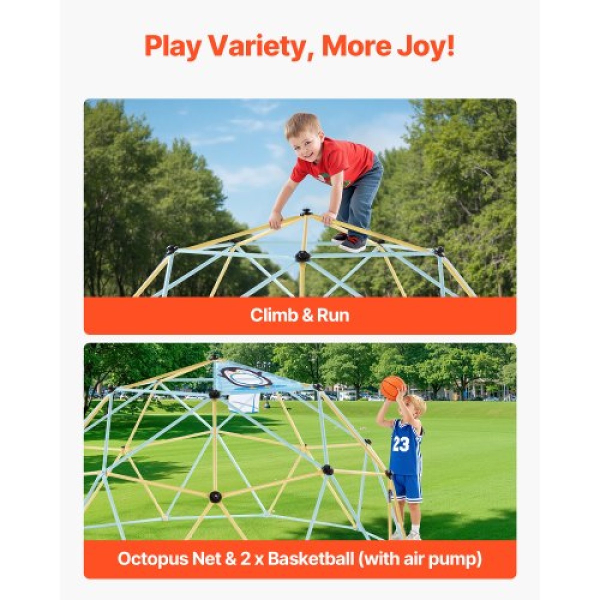 VEVOR Climbing Dome, 305cm Geometric Dome Climber, 453kg Loading Jungle Gym Παιδική χαρά με 2 μπάλες μπάσκετ και δίχτυ χταποδιού, Εύκολη συναρμολόγηση Εξοπλισμός αναρρίχησης στην αυλή εξωτερικού χώρου για παιδιά 3 έως 10 ετών