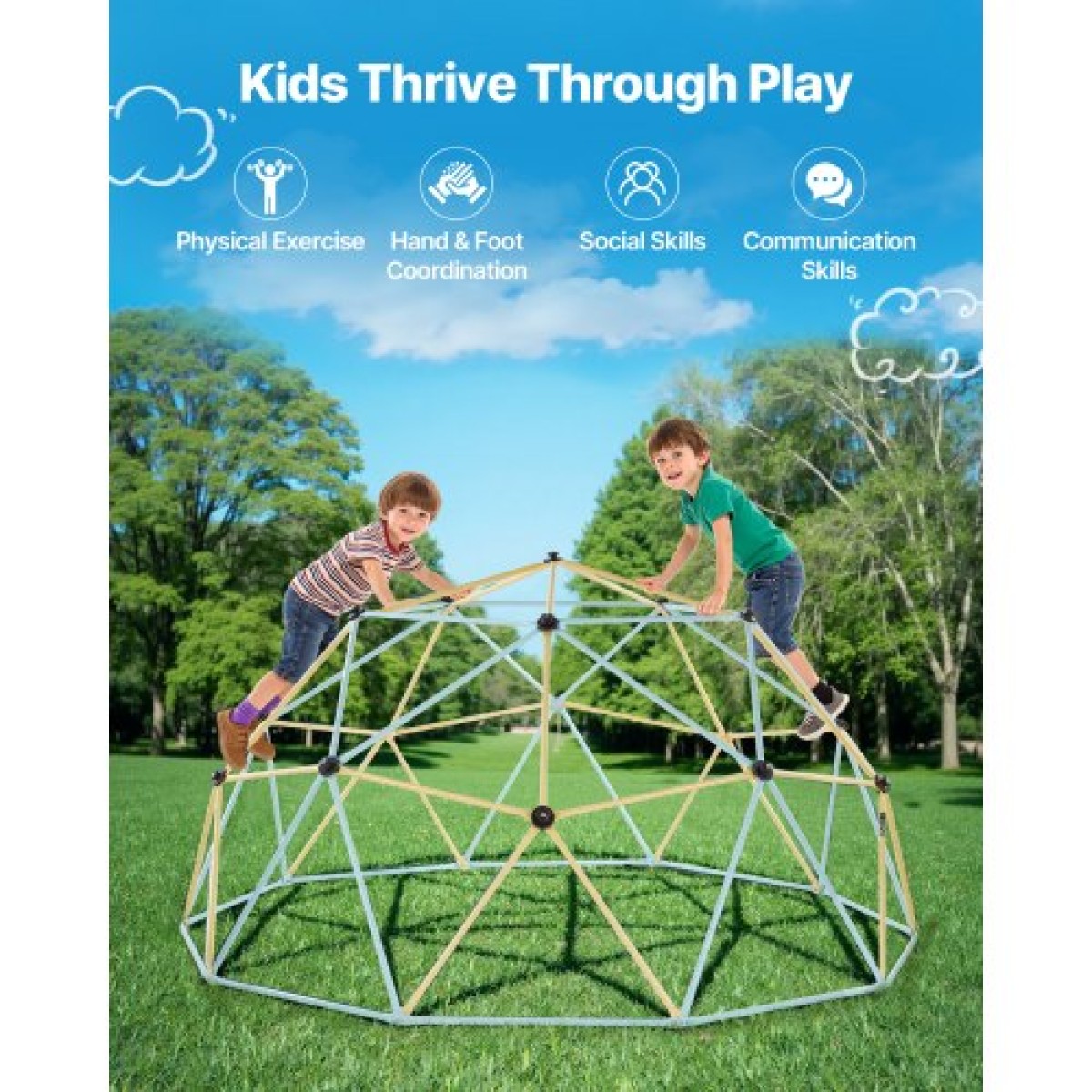 VEVOR Climbing Dome, 305cm Geometric Dome Climber, 453kg Loading Jungle Gym Παιδική χαρά με 2 μπάλες μπάσκετ και δίχτυ χταποδιού, Εύκολη συναρμολόγηση Εξοπλισμός αναρρίχησης στην αυλή εξωτερικού χώρου για παιδιά 3 έως 10 ετών