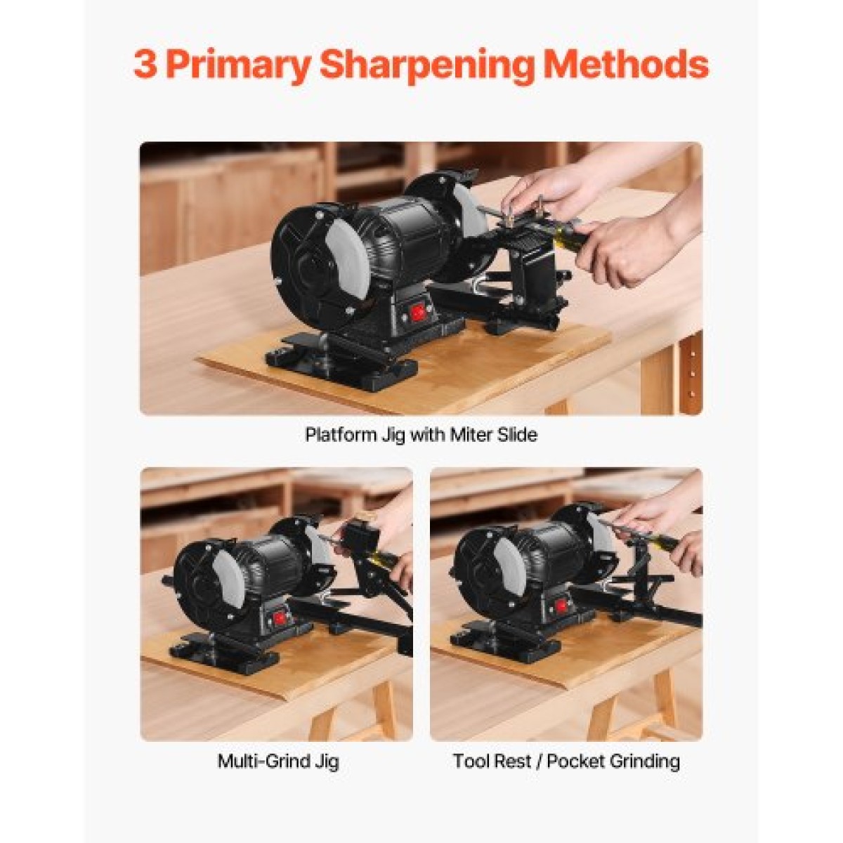 VEVOR Pro Grind Sharpening System, Multi-Grind Sharpening Jig για 152mm & 203mm Bench Grinder - με πλατφόρμα Jig, Tool Rest Bar, Setup Block, Mitre Slide, Micro Bevel Block, για εργαλεία ξυλουργικής