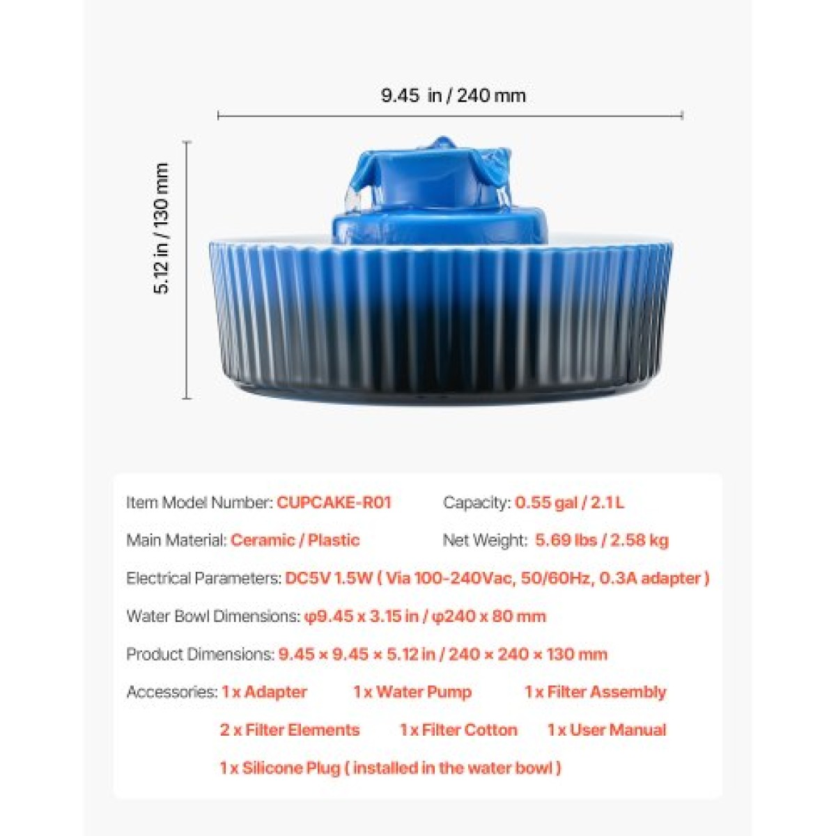 Συντριβάνι VEVOR Ceramic Cat, σιντριβάνι 2,1 L Cupcake για κατοικίδια, πορσελάνινος διανομέας νερού γάτας με εξαιρετικά αθόρυβη αντλία, περιοχή κατανάλωσης 360° και σύστημα φιλτραρίσματος πολλαπλών στρωμάτων, για κατανάλωση γάτων και σκύλων (Μπλε)