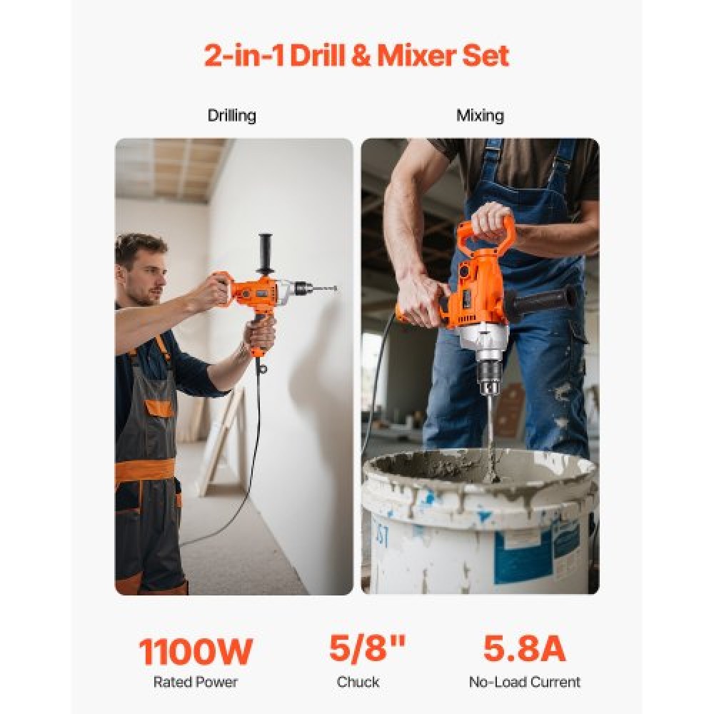 VEVOR Drill Mixer, 15,89mm Corded Electric Drill Mixer Set, 0-850RPM 3.2A Mixing Drills, Mixing Drills Machine with D-Handle for Drilling & Blending, Handheld Chiment Mixer for Fodder, Paint, Cement